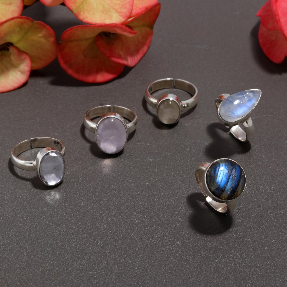 925 Sterling Silver Mix Gemstone Fashion Jewelry Adjustable Ring 5Pcs 104Cts 12x12 7x10mm#1035