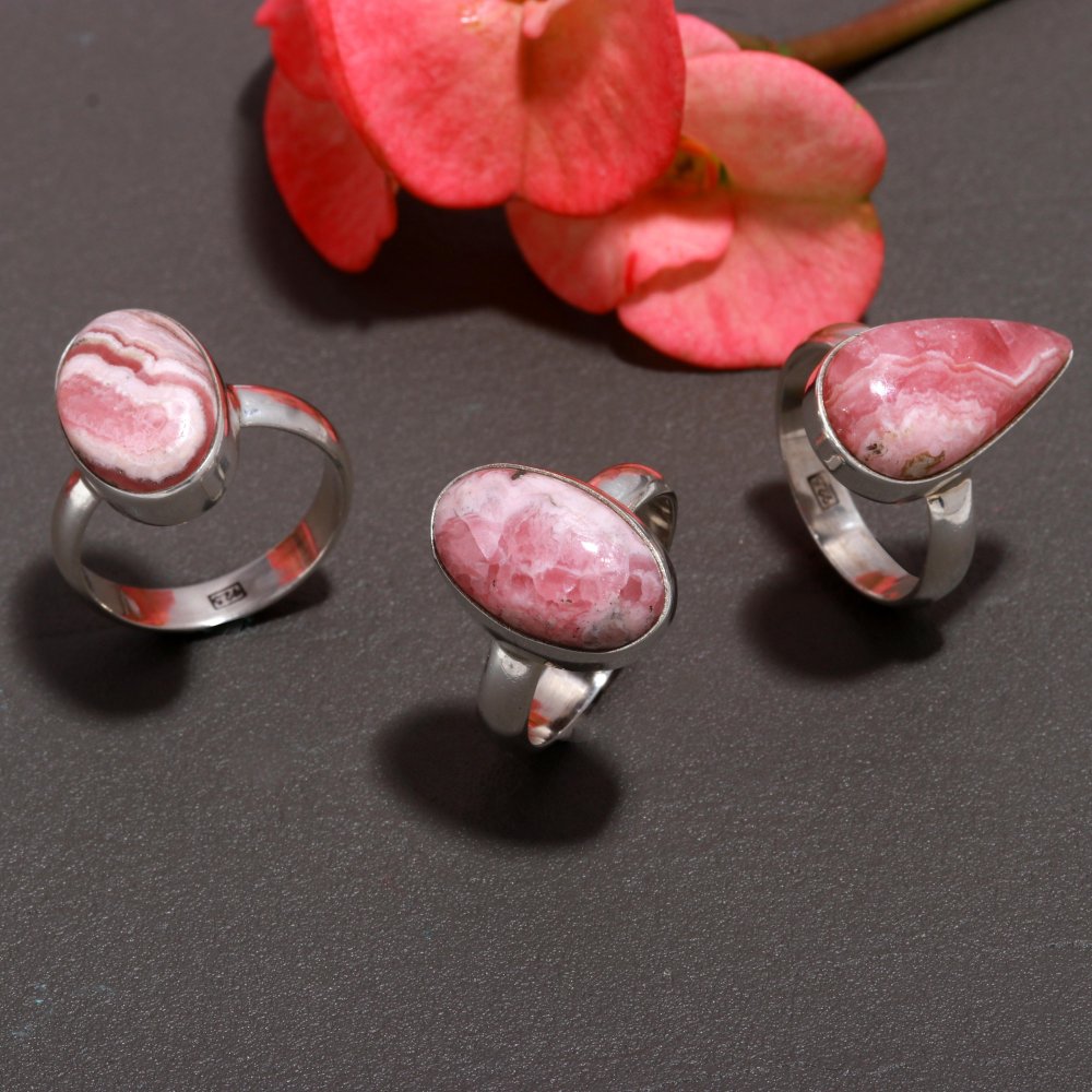 925 Sterling Silver Rhodochrosite Fashion Jewelry Adjustable Ring 3Pcs 80Cts 17x10 15x9mm#1036