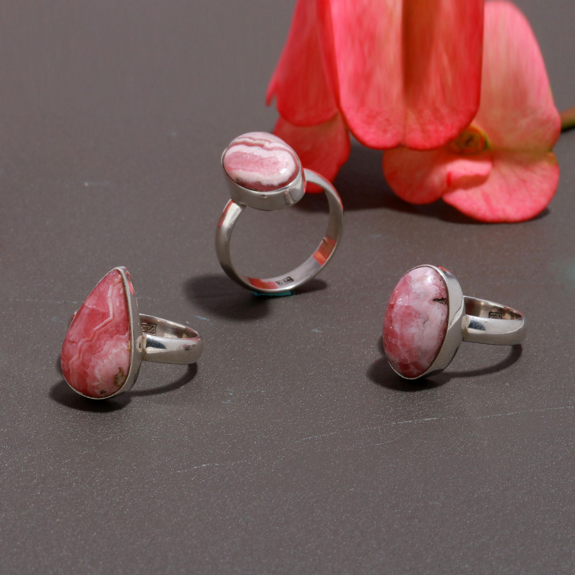 925 Sterling Silver Rhodochrosite Fashion Jewelry Adjustable Ring 3Pcs 80Cts 17x10 15x9mm#1036