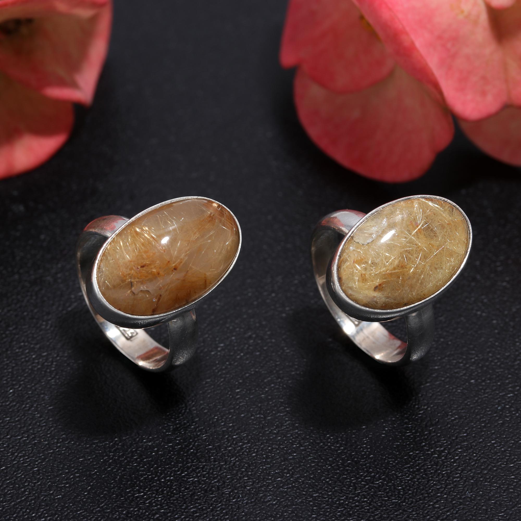 925 Sterling Silver Golden Rutile Fashion Jewelry Adjustable Ring 2Pcs 50Cts 18x10 16x10 mm1038