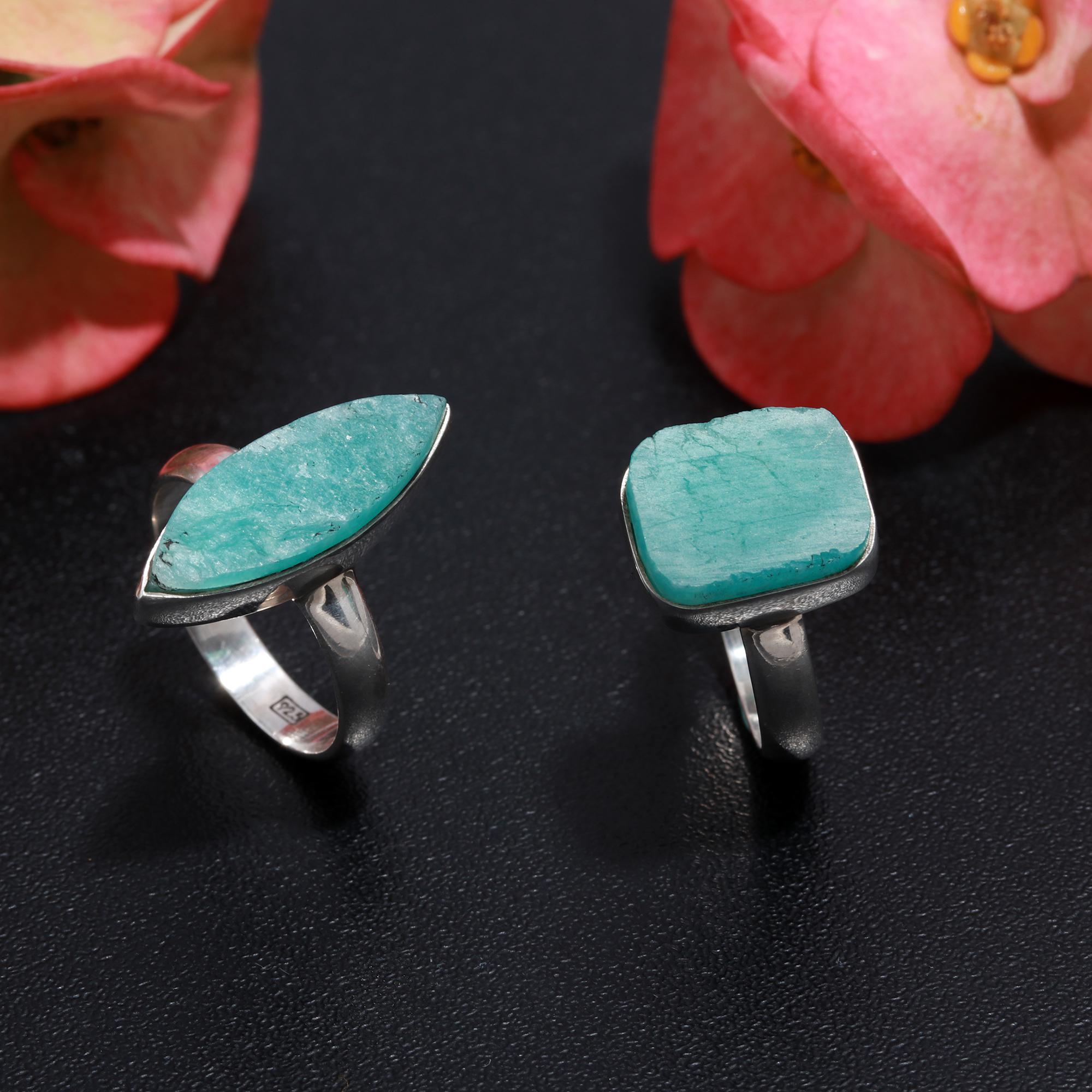 925 Sterling Silver Amazonite Fashion Jewelry Adjustable Ring 2Pcs 52Cts 22x7 13x10mm#1041
