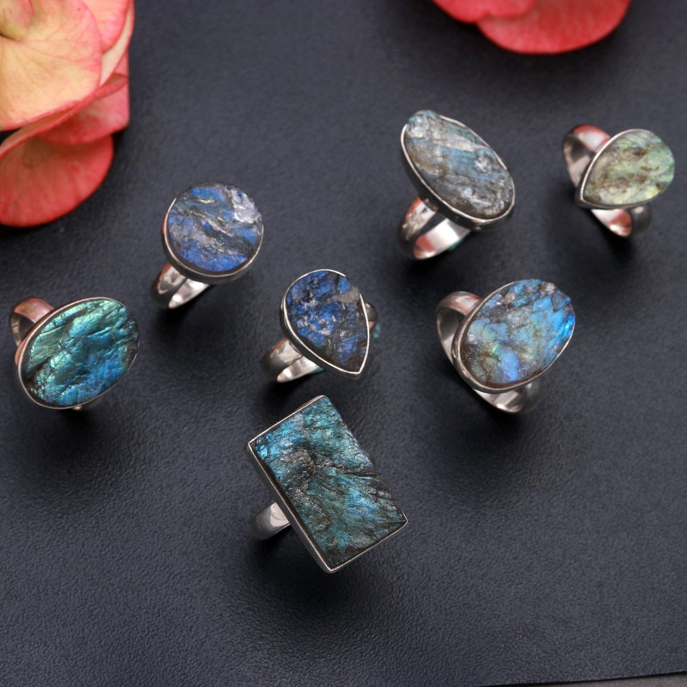 925 Sterling Silver Labradorite Druzy Fashion Jewelry Adjustable Ring 7Pcs 204Cts 20x12 13x9mm#1042