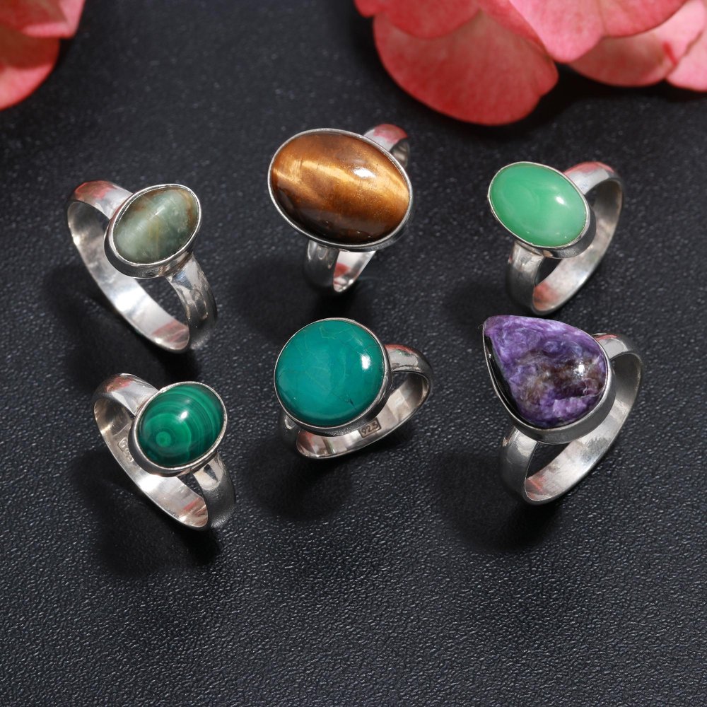 925 Sterling Silver Multi Gemstone Fashion Jewelry Adjustable Ring 6Pcs 121Cts 15x11 10x8mm#1043