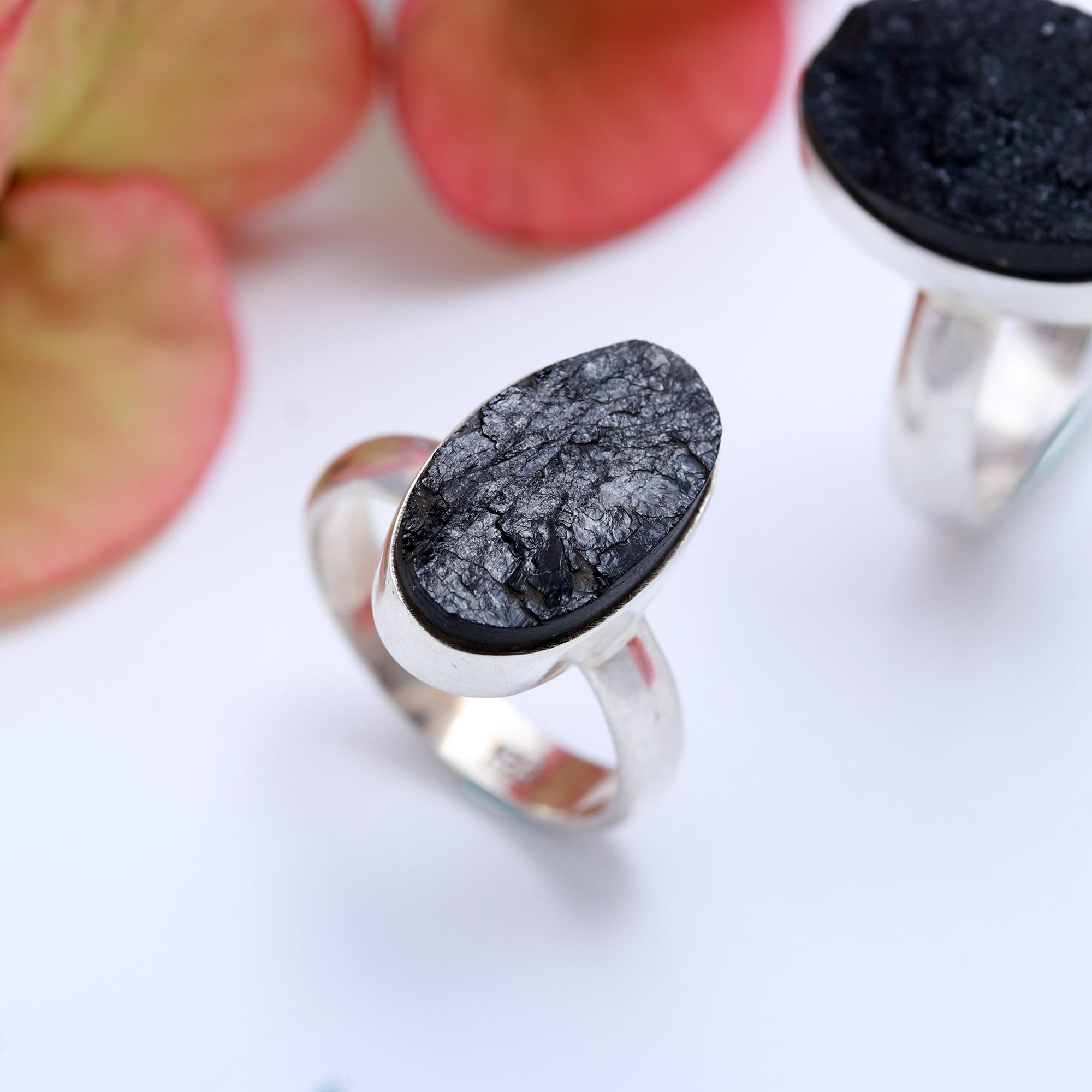 925 Sterling Silver Black Tourmaline Druzy Fashion Jewelry Adjustable Ring 2Pcs 53Cts 15x10 13x9mm#1044