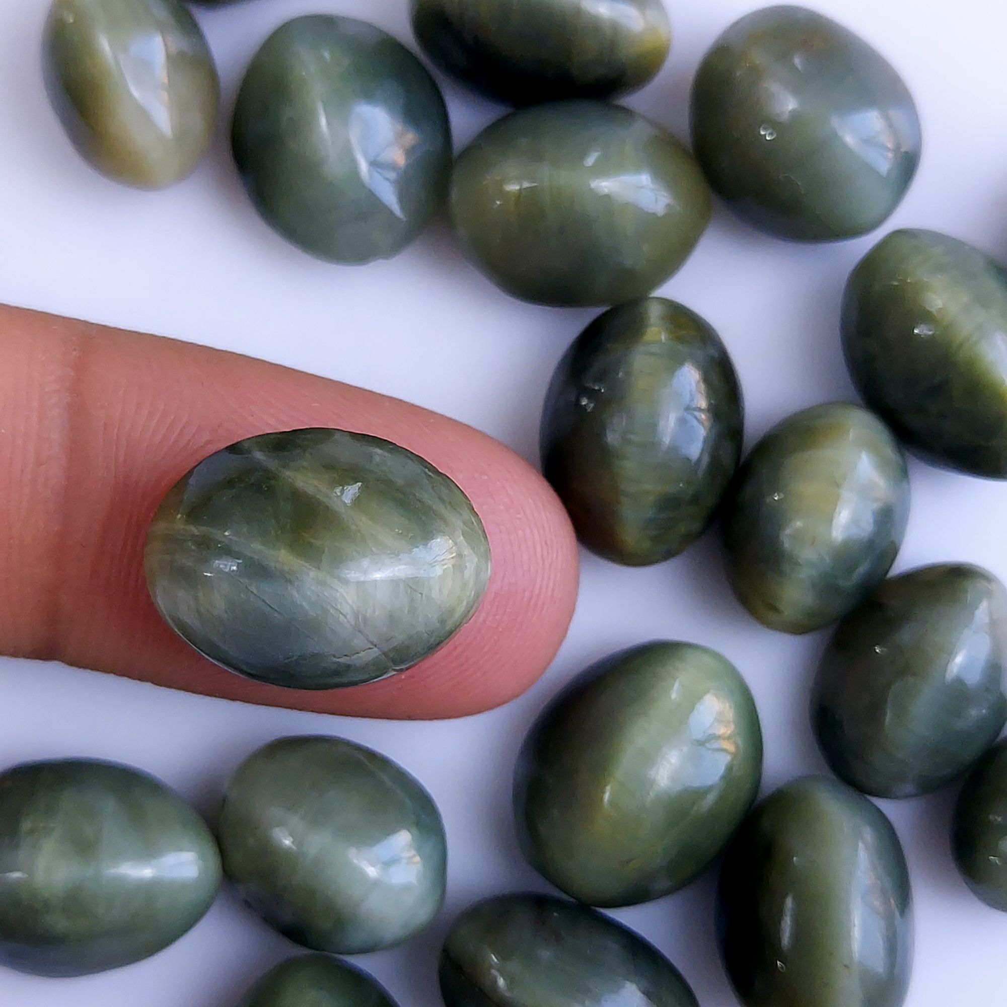 19Pcs 176Cts Natural Green Cats Eye Cabochon Loose Gemstone Semi Precious Jewelry Making Crystal Lot 16x12 13x10mm R-10595