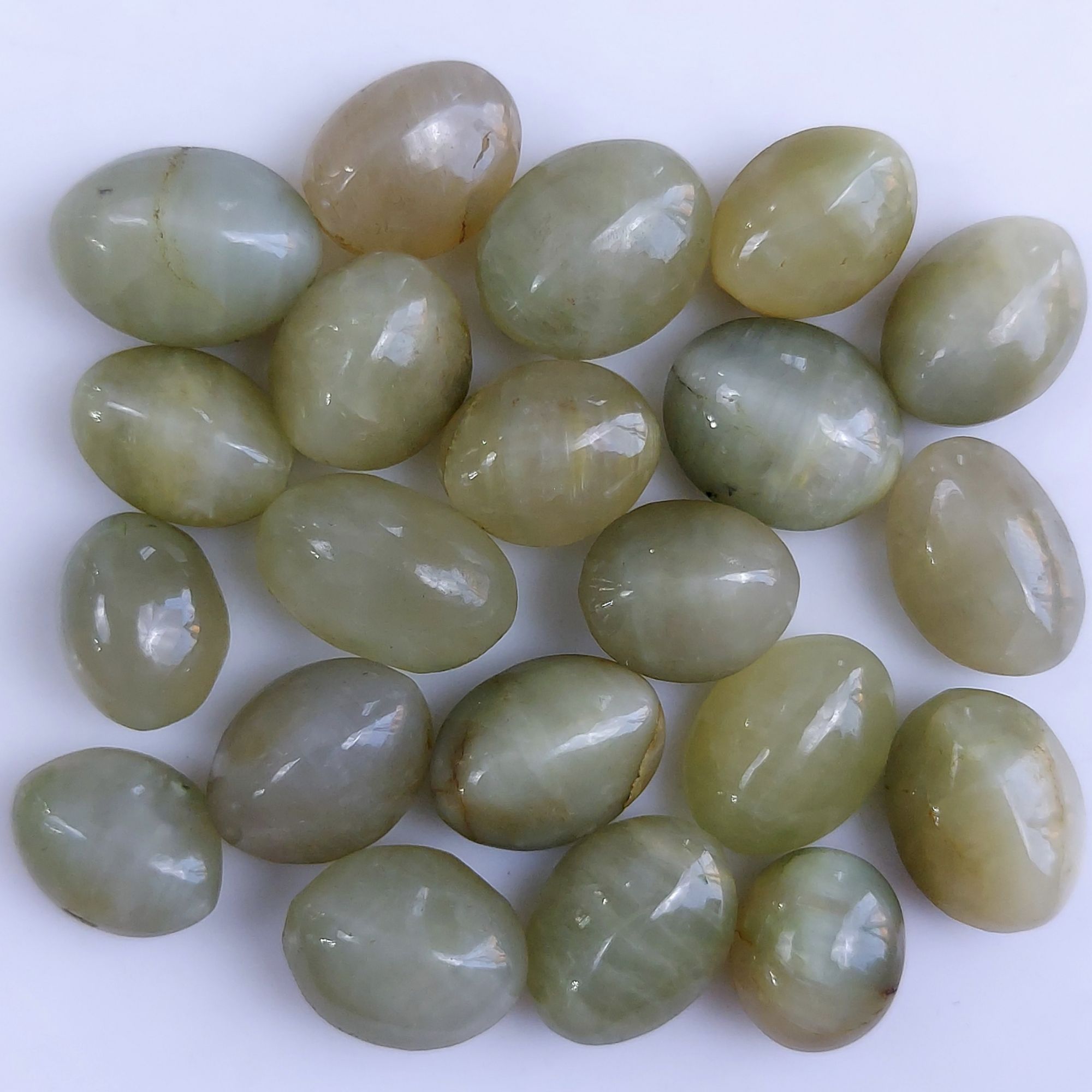21Pcs 175Cts Natural Green Cats Eye Cabochon Loose Gemstone Semi Precious Jewelry Making Crystal Lot 16x11 11x9mm R-10617
