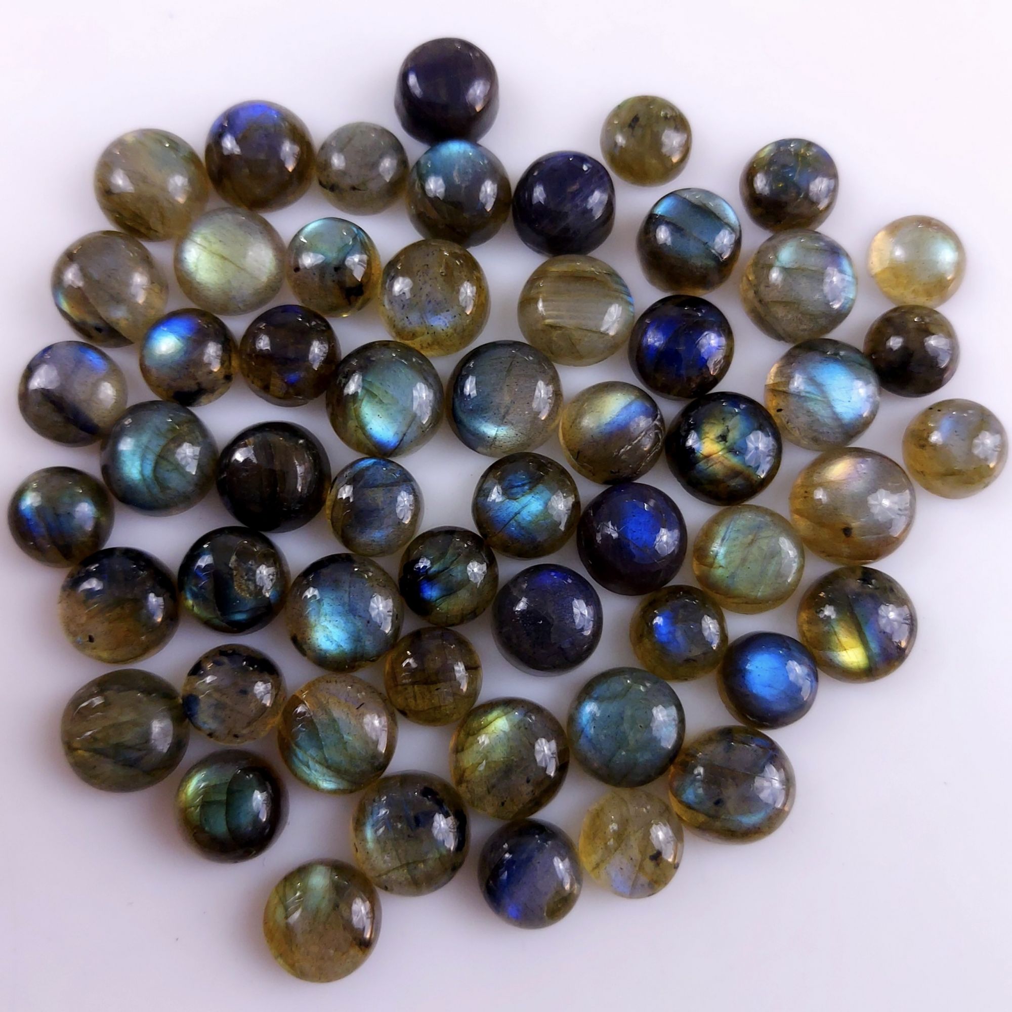 55 Pcs176Cts Natural Multifire Labradorite Loose Cabochon Round Gemstone Lot for Jewelry Making  7x7 5x5mm#1062