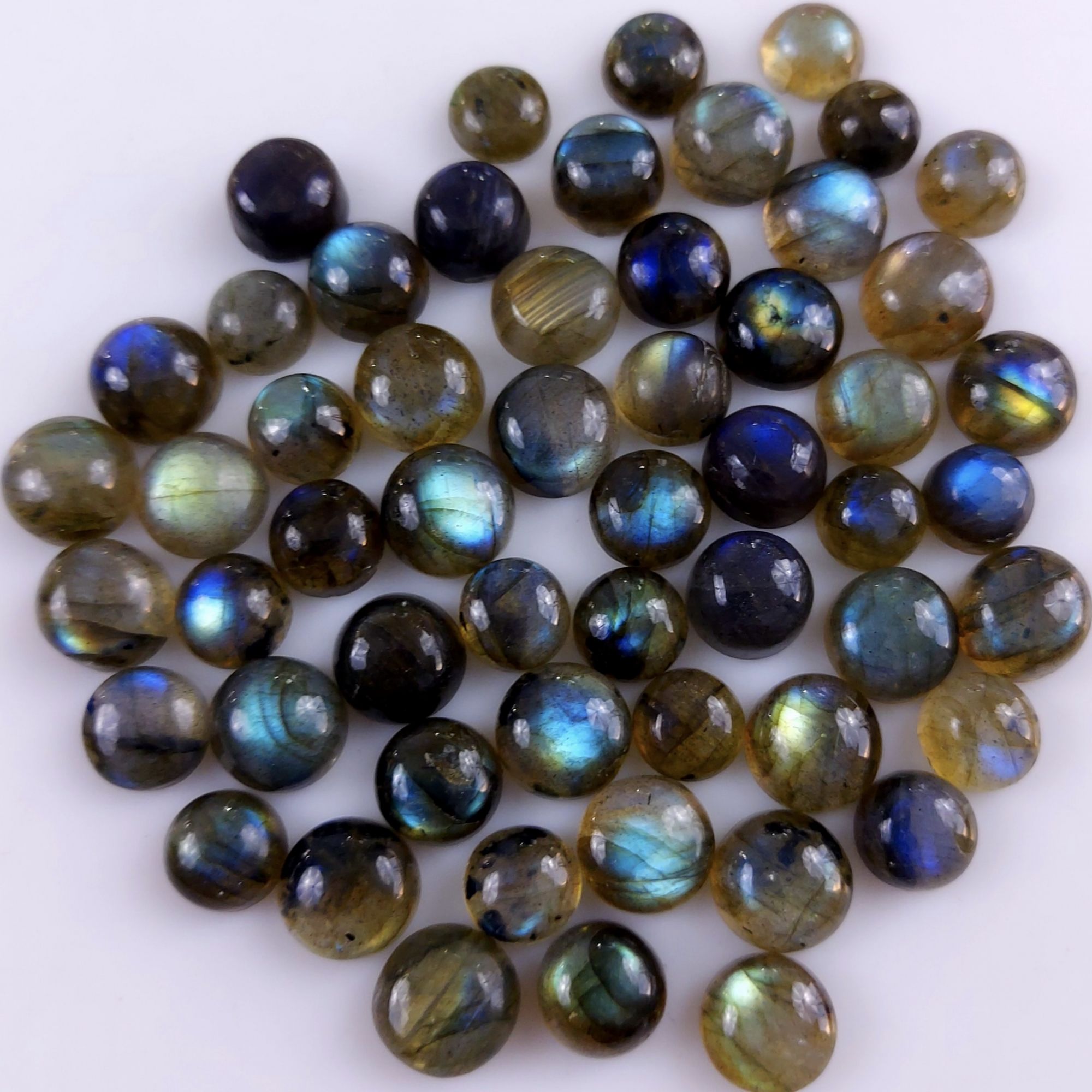 55 Pcs176Cts Natural Multifire Labradorite Loose Cabochon Round Gemstone Lot for Jewelry Making  7x7 5x5mm#1062