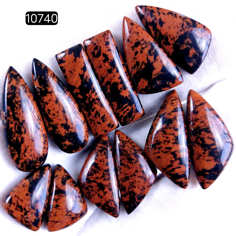 6Pair 204Cts Natural Mahogany Obsidian Cabochon Loose Gemstone Crystal Pair Lot for Earrings 34x12 20x15mm #10740