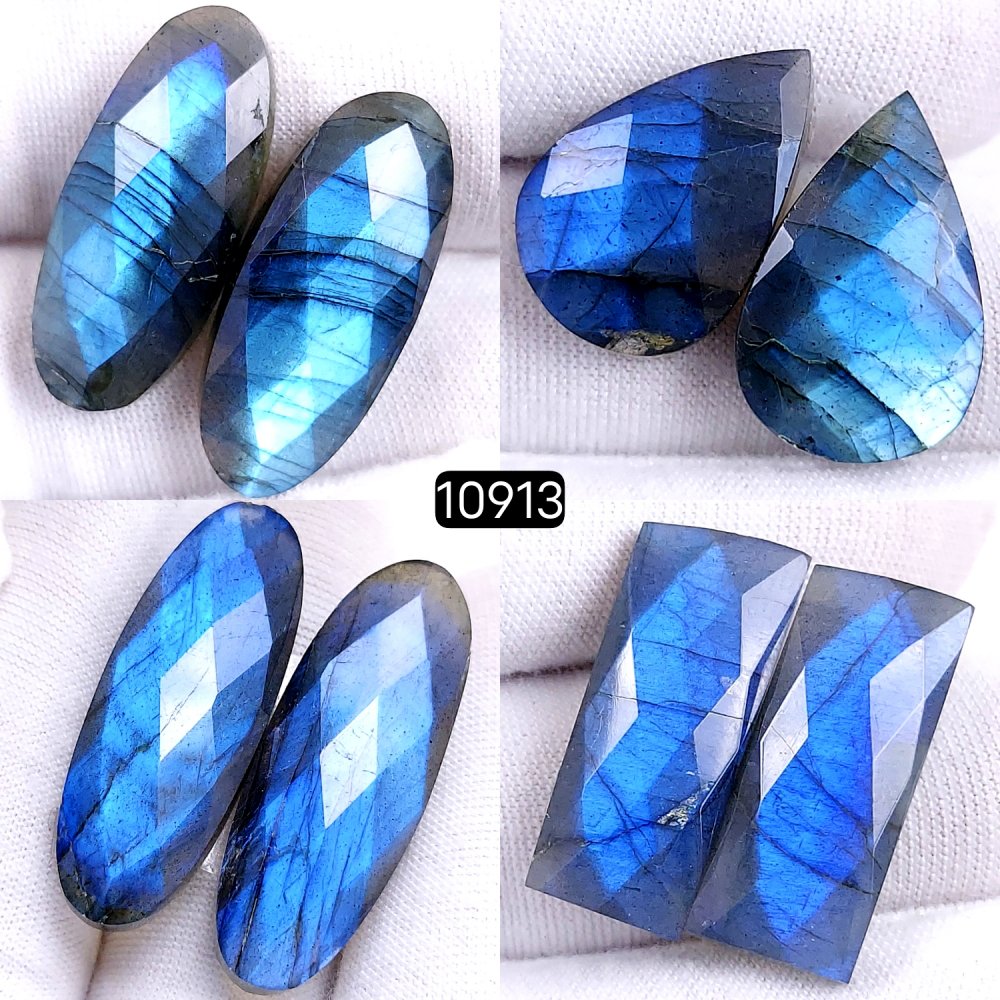 4Pairs 128Cts Natural Labradorite Cabochon Pairs Faceted Loose Gemstone Earrings Crystal Lot for Jewelry Making Gift For Her 34x12 20x12mm #10913