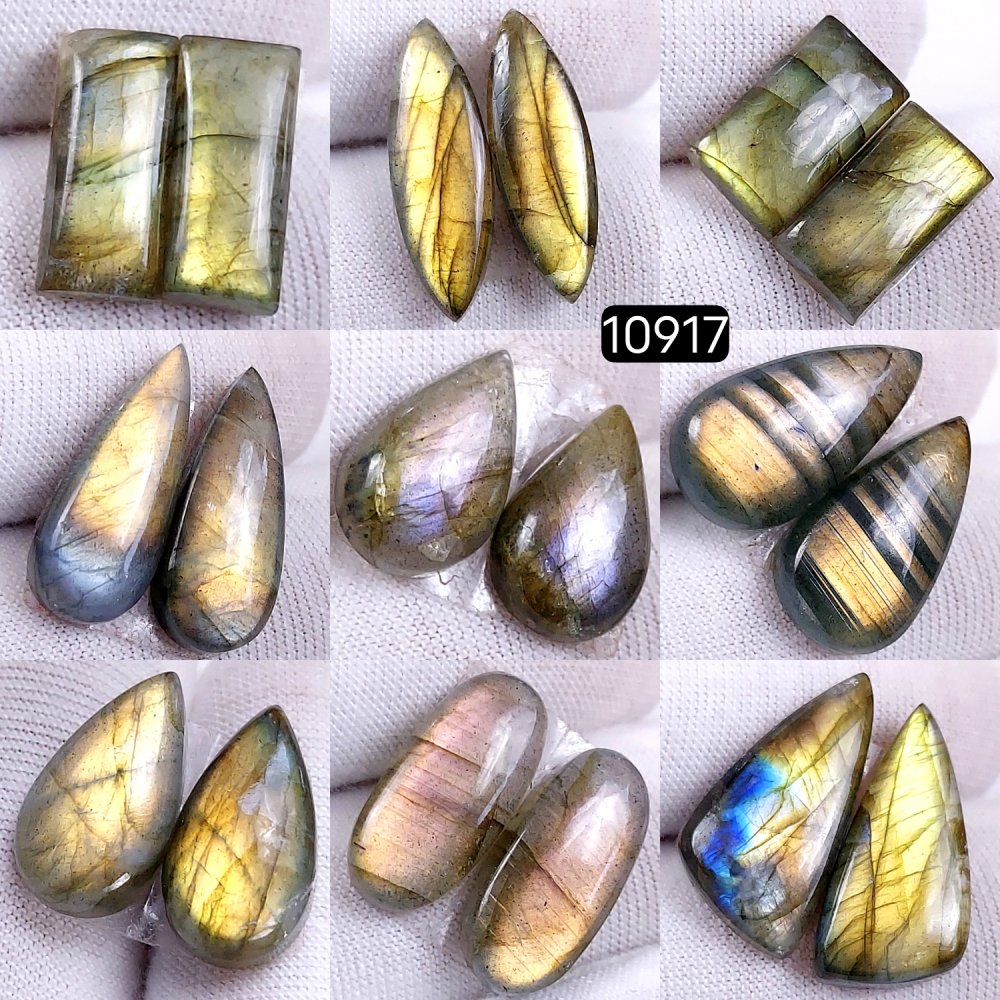 9Pairs 123Cts Natural Labradorite Cabochon Pairs Loose Gemstone Earrings Crystal Lot for Jewelry Making Gift For Her 22x10 15x10mm #10917