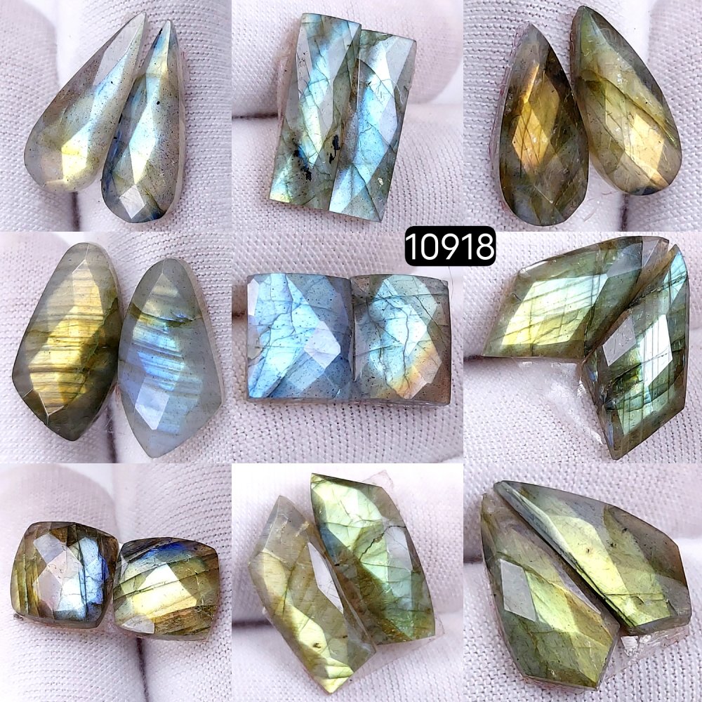 9Pairs 97Cts Natural Labradorite Cabochon Pairs Faceted Loose Gemstone Earrings Crystal Lot for Jewelry Making Gift For Her 20x7 11x11mm #10918