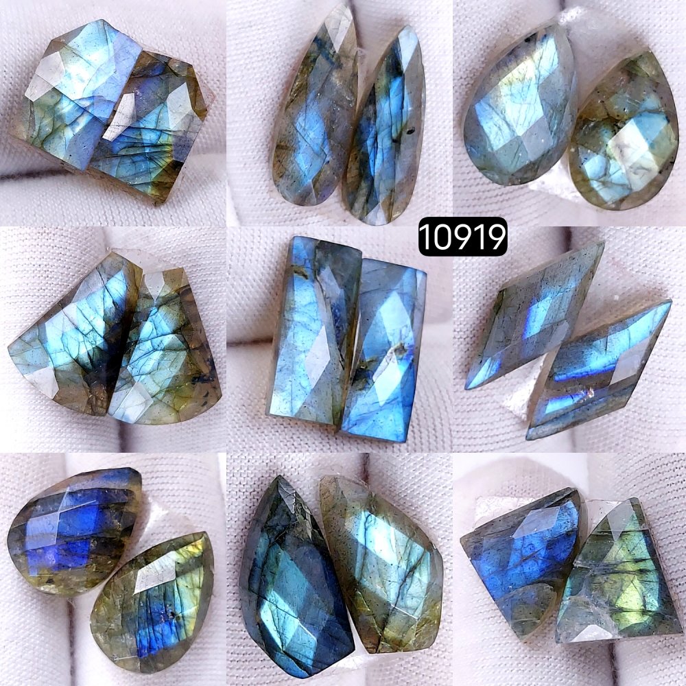 9Pairs 110Cts Natural Labradorite Cabochon Pairs Faceted Loose Gemstone Earrings Crystal Lot for Jewelry Making Gift For Her 22x8 15x12mm #10919