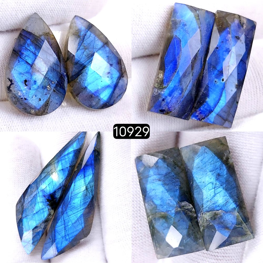 4Pairs 123Cts Natural Labradorite Cabochon Pairs Faceted Loose Gemstone Earrings Crystal Lot for Jewelry Making Gift For Her 45x12 20x10mm #10929