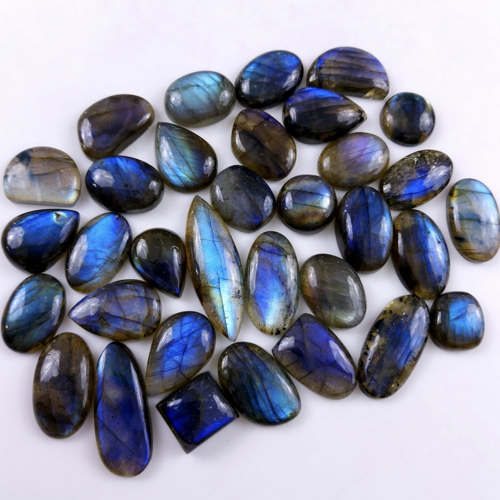 33 Pcs336Cts Natural Multifire Labradorite Loose Cabochon Flat Back Gemstone Lot For Jewelry Making 32x10 10x10mm#1093