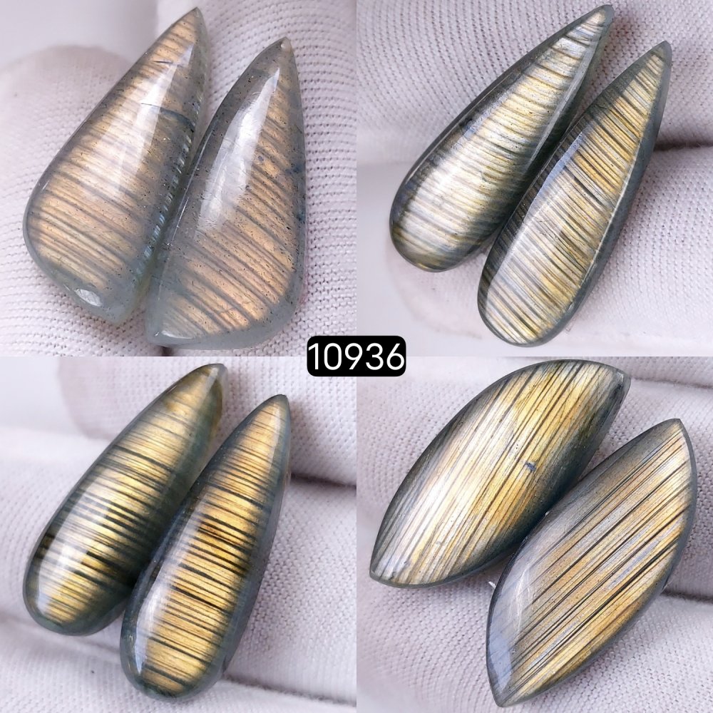 4Pairs 109Cts Natural Labradorite Cabochon Pairs Loose Gemstone Earrings Crystal Lot for Jewelry Making Gift For Her 30x12 27x12mm #10936