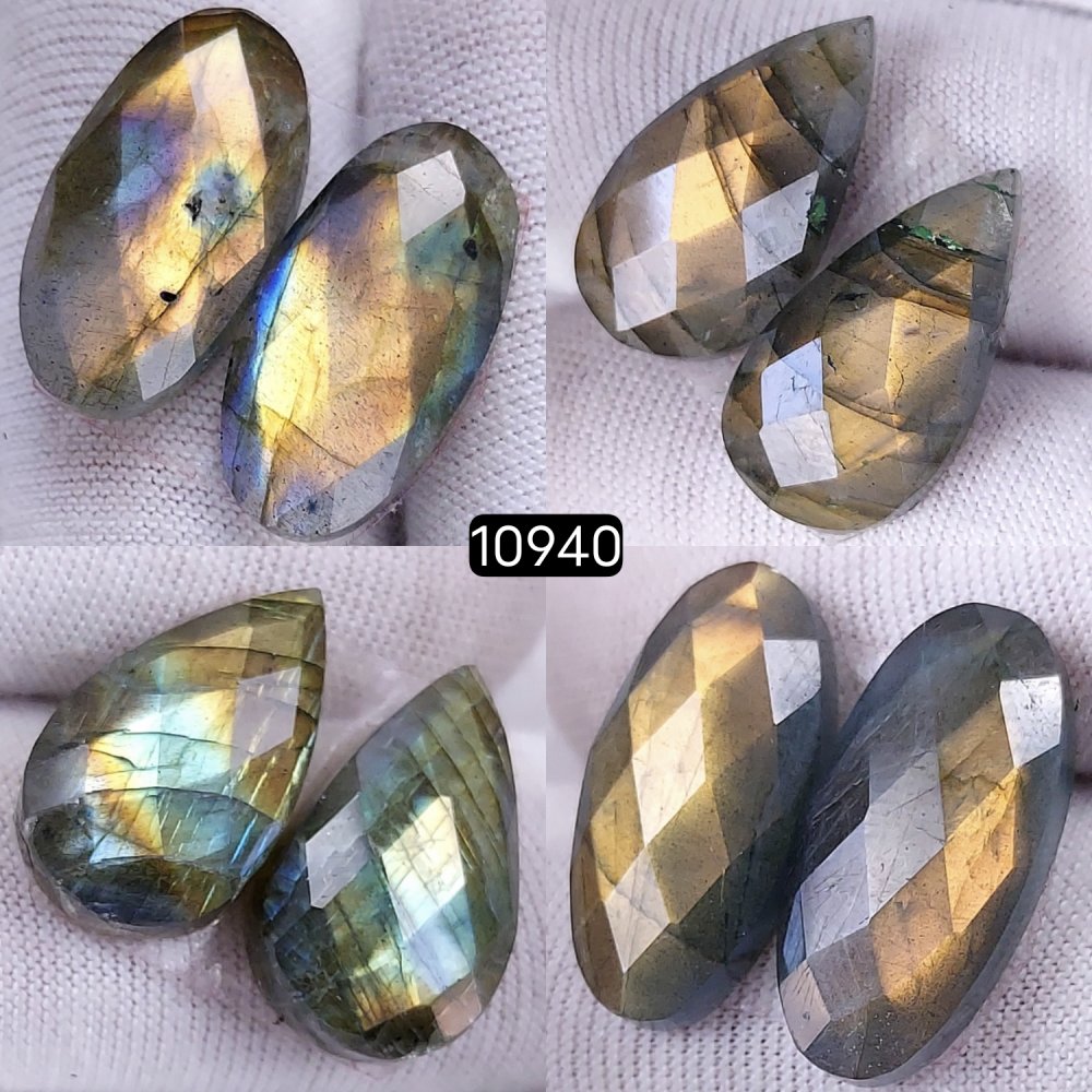 4Pairs 73Cts Natural Labradorite Cabochon Pairs Faceted Loose Gemstone Earrings Crystal Lot for Jewelry Making Gift For Her 22x10 19x10mm #10940