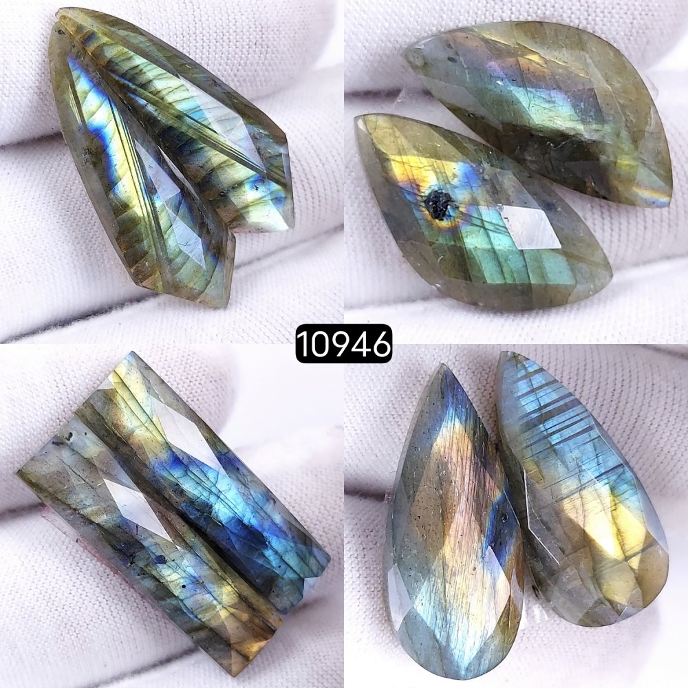4Pairs 103Cts Natural Labradorite Cabochon Pairs Faceted Loose Gemstone Earrings Crystal Lot for Jewelry Making Gift For Her 30x8 25x10mm #10946