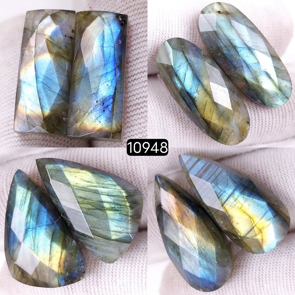 4Pairs 126Cts Natural Labradorite Cabochon Pairs Faceted Loose Gemstone Earrings Crystal Lot for Jewelry Making Gift For Her 27x12 20x8mm #10948