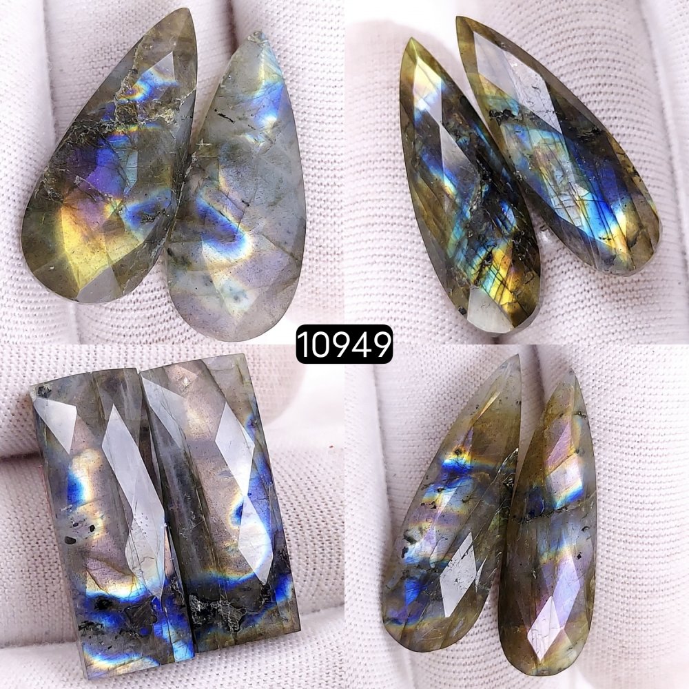 4Pairs 130Cts Natural Labradorite Cabochon Pairs Faceted Loose Gemstone Earrings Crystal Lot for Jewelry Making Gift For Her 34x10 27x10mm #10949