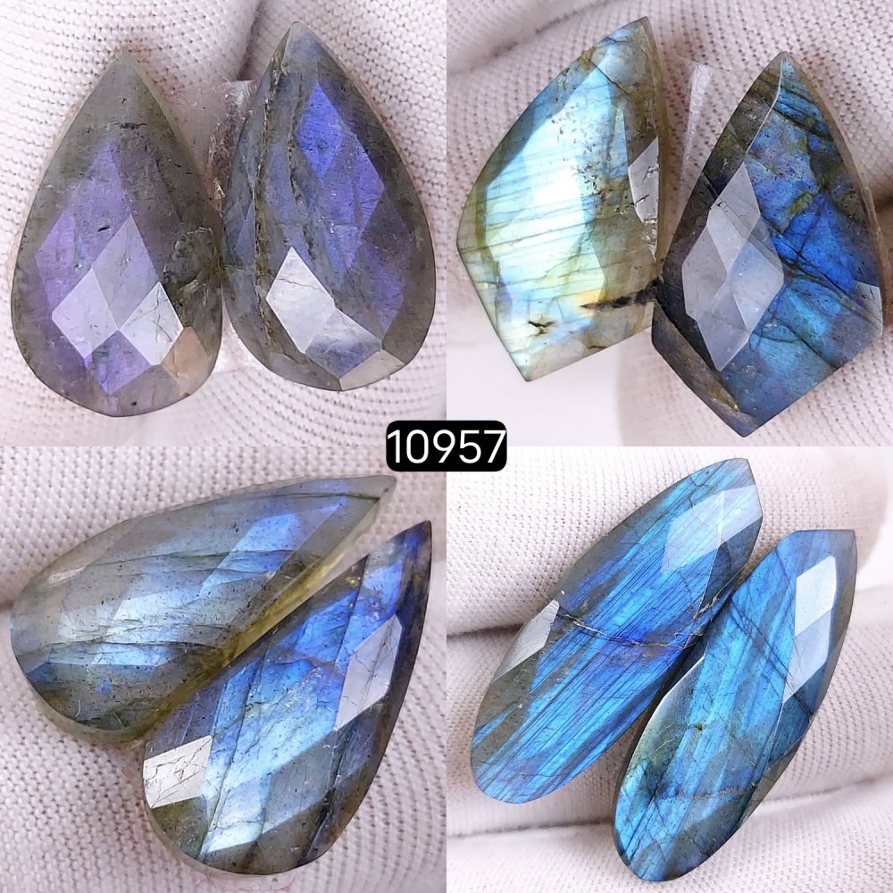 4Pairs 107Cts Natural Labradorite Cabochon Pairs Loose Gemstone Earrings Crystal Lot for Jewelry Making Gift For Her 37x12 22x12mm #10957