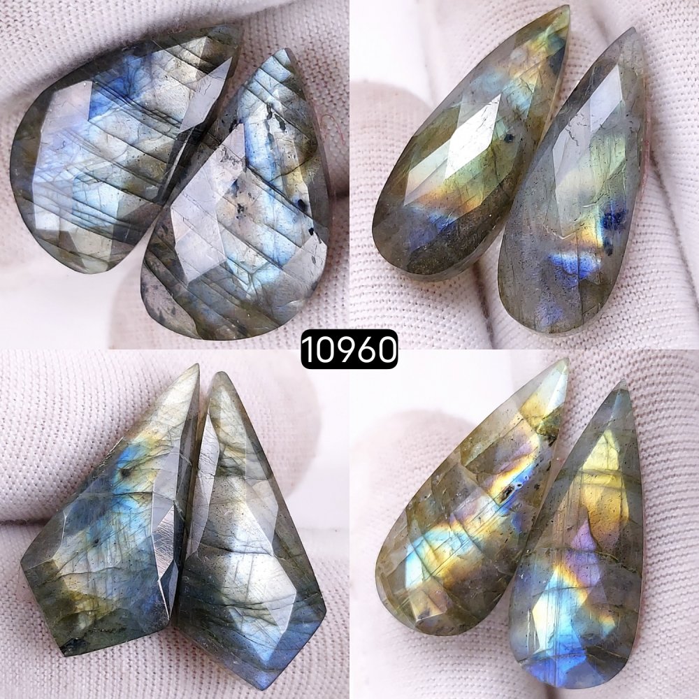 4Pairs 115Cts Natural Labradorite Cabochon Pairs Loose Gemstone Earrings Crystal Lot for Jewelry Making Gift For Her 30x10 25x15mm #10960