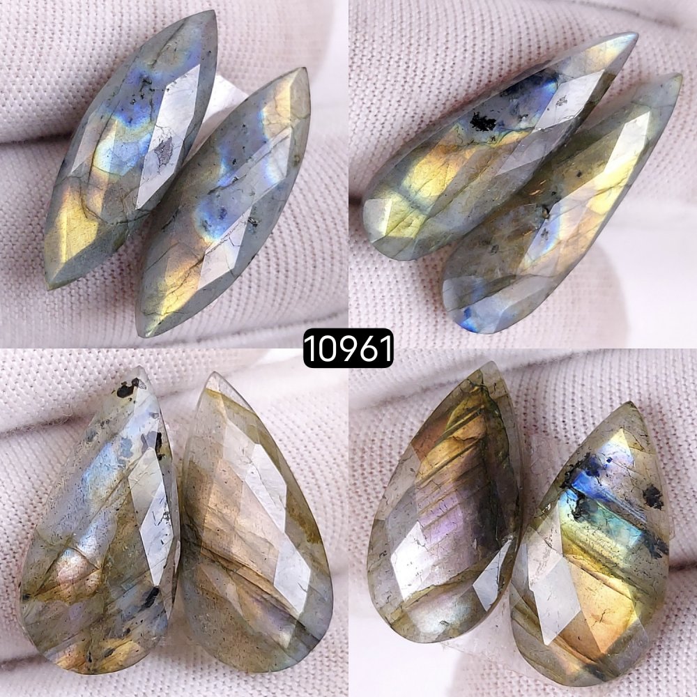 4Pairs 73Cts Natural Labradorite Cabochon Pairs Loose Gemstone Earrings Crystal Lot for Jewelry Making Gift For Her 27x7 23x12mm #10961