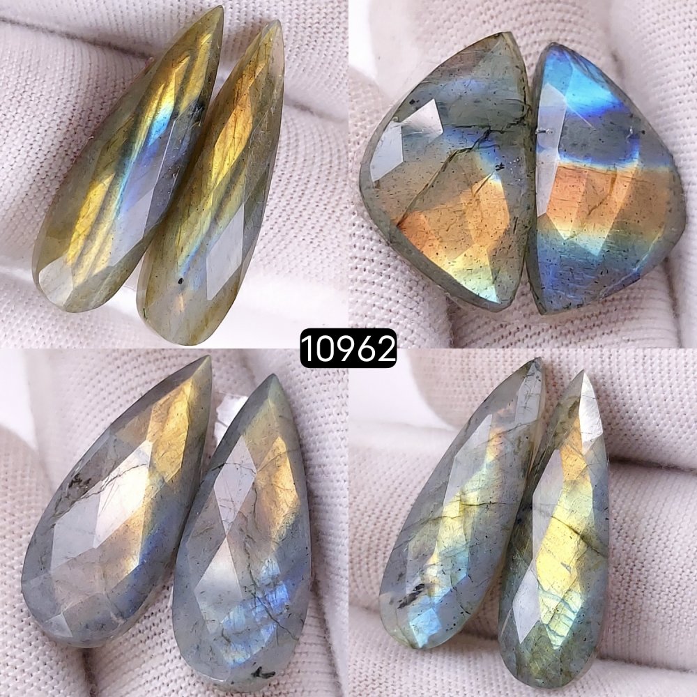 4Pairs 82Cts Natural Labradorite Cabochon Pairs Loose Gemstone Earrings Crystal Lot for Jewelry Making Gift For Her 27x7 20x12mm #10962