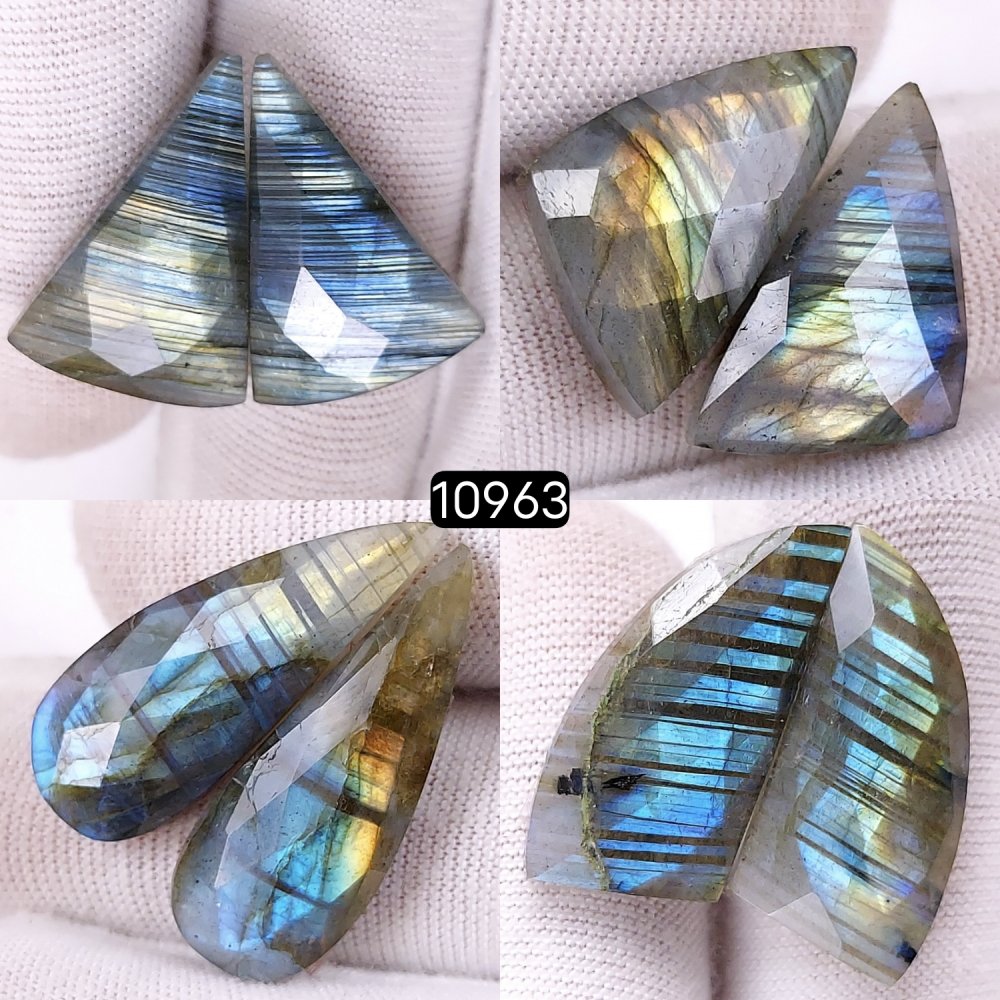 4Pairs 90Cts Natural Labradorite Cabochon Pairs Loose Gemstone Earrings Crystal Lot for Jewelry Making Gift For Her 28x10 22x10mm #10963