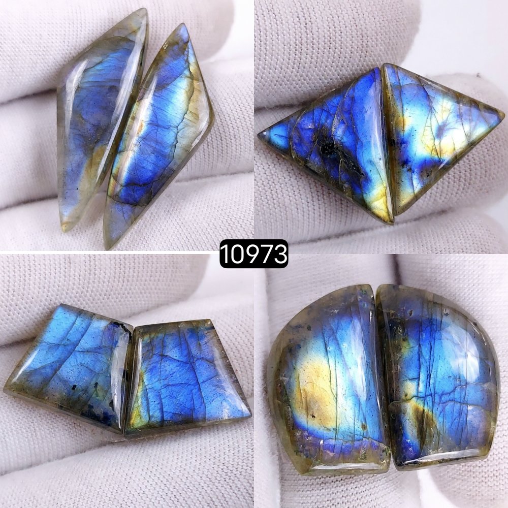 4Pairs 108Cts Natural Labradorite Cabochon Pairs Loose Gemstone Earrings Crystal Lot for Jewelry Making Gift For Her 40x12 15x14mm #10973