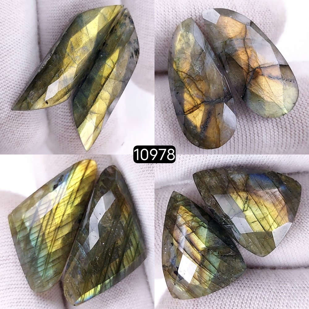 4Pairs 106Cts Natural Labradorite Cabochon Pairs Loose Gemstone Earrings Crystal Lot for Jewelry Making Gift For Her 34x8 20x15mm #10978