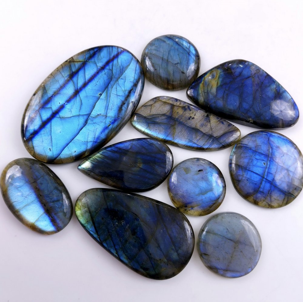 10 Pcs478Cts Natural Multifire Labradorite Loose Cabochon Flat Back Gemstone Lot For Jewelry Making 55x33 20x20mm#1099