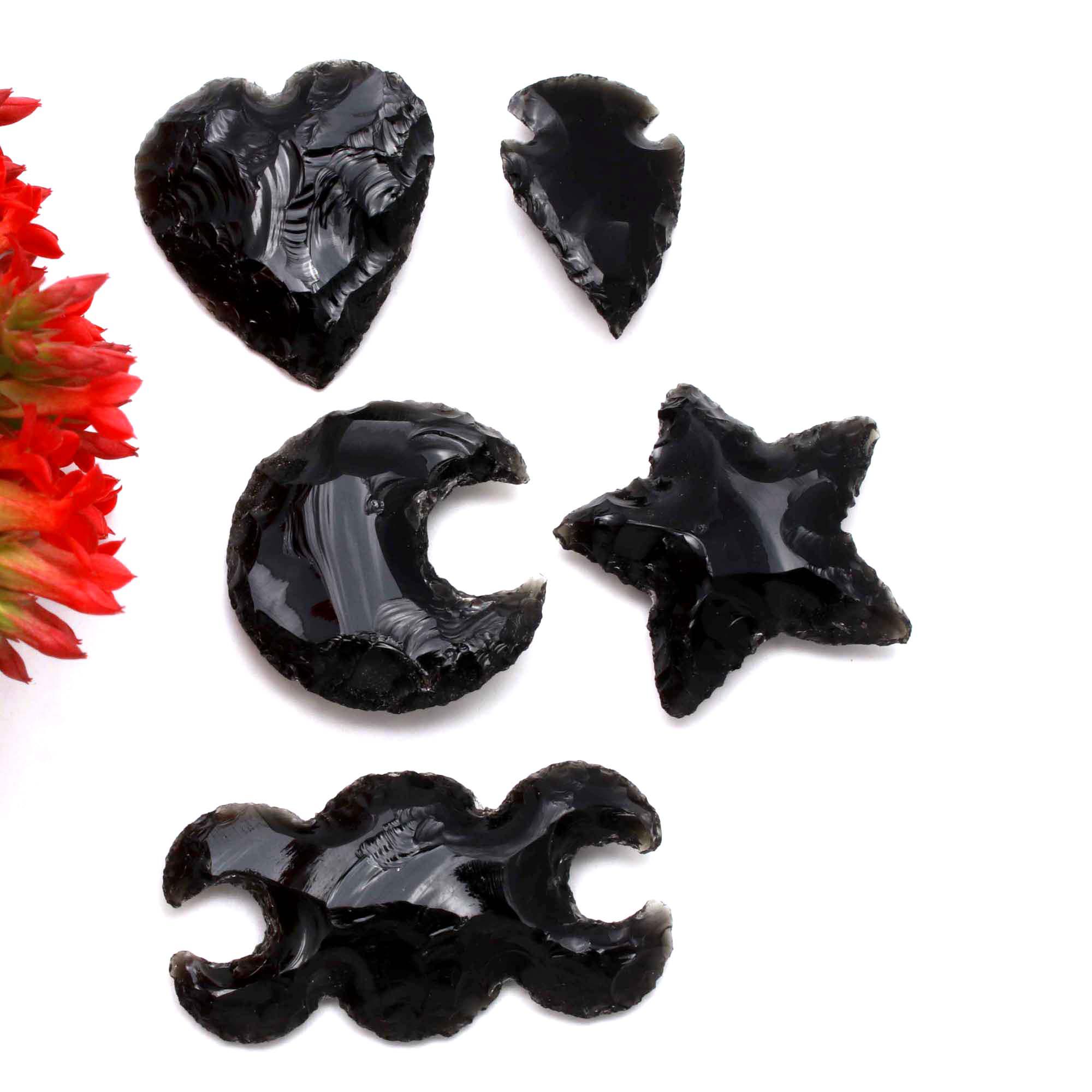 Set Of 5 Shape Black Obsidian Moon Star Heart Arrowhead Double Moon Carving