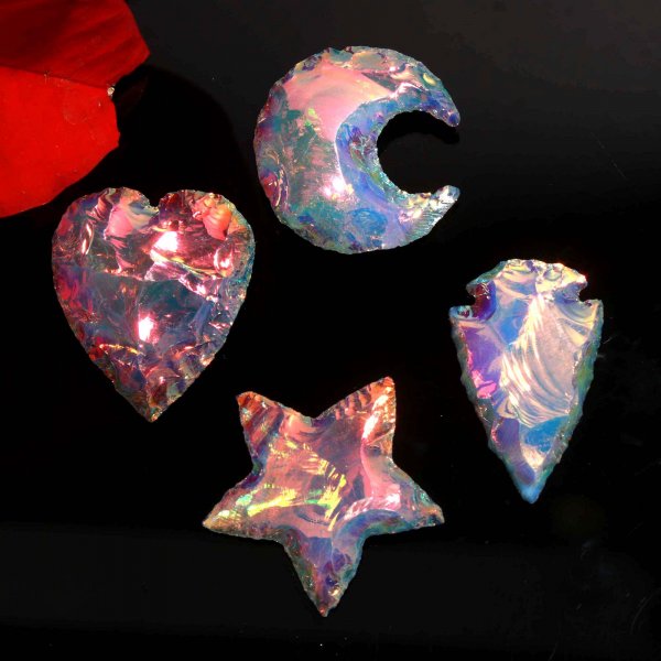 Set Of 5 Shape Aura Coated Opalite Moon Star Heart Arrowhead Double Moon Carving