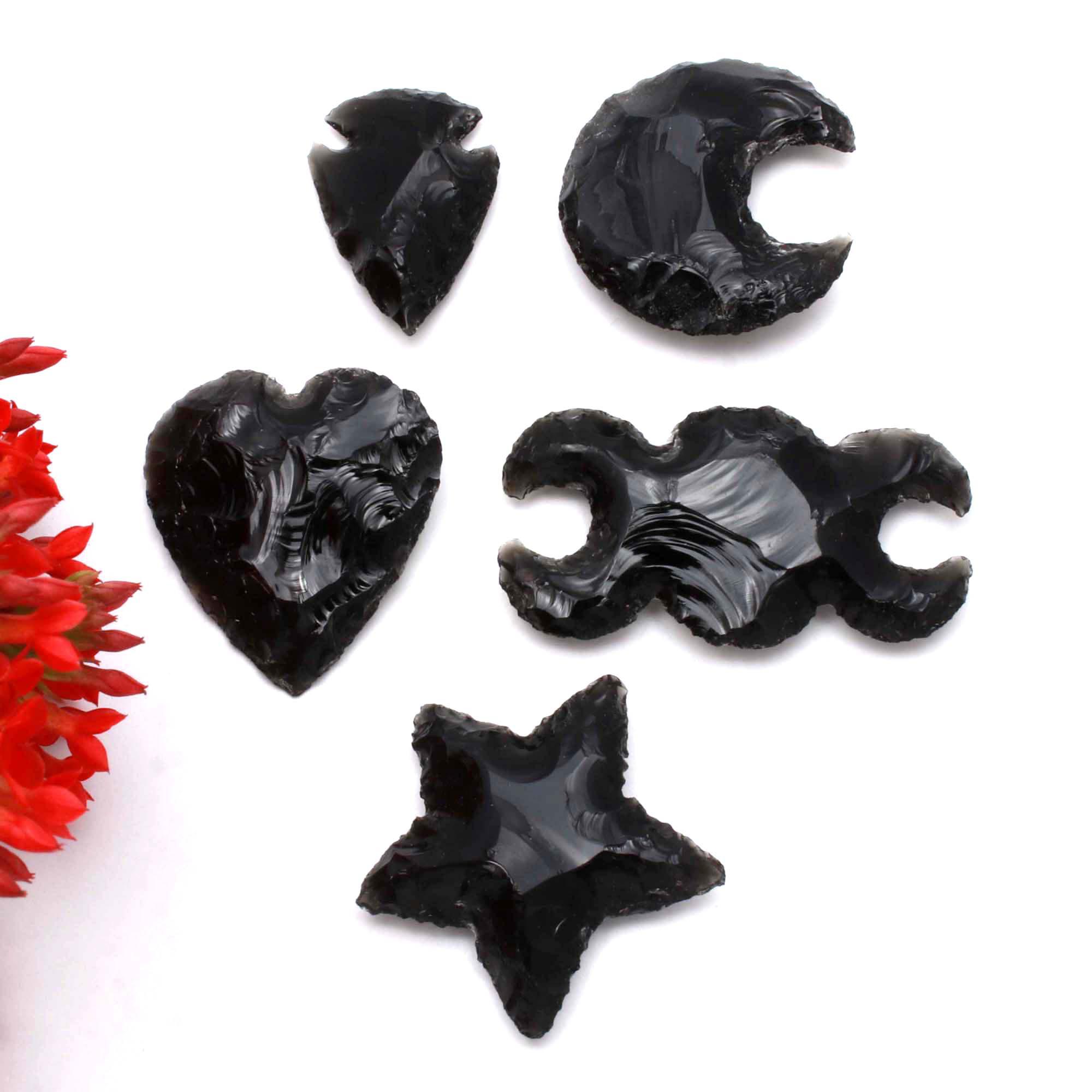 Set Of 5 Shape Black Obsidian Moon Star Heart Arrowhead Double Moon Carving