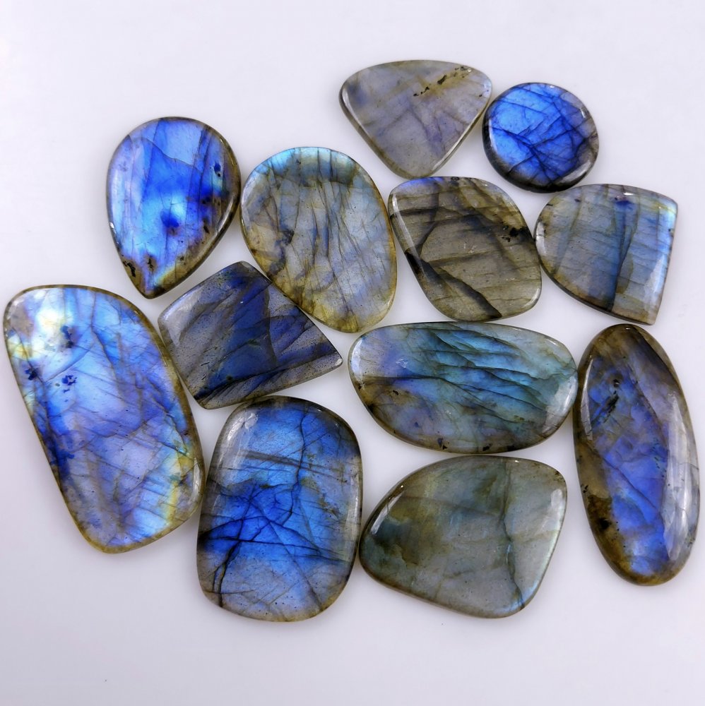 12 Pcs257Cts Natural Multifire Labradorite Loose Cabochon Flat Back Gemstone Lot For Jewelry Making 40x20 18x18mm#1104