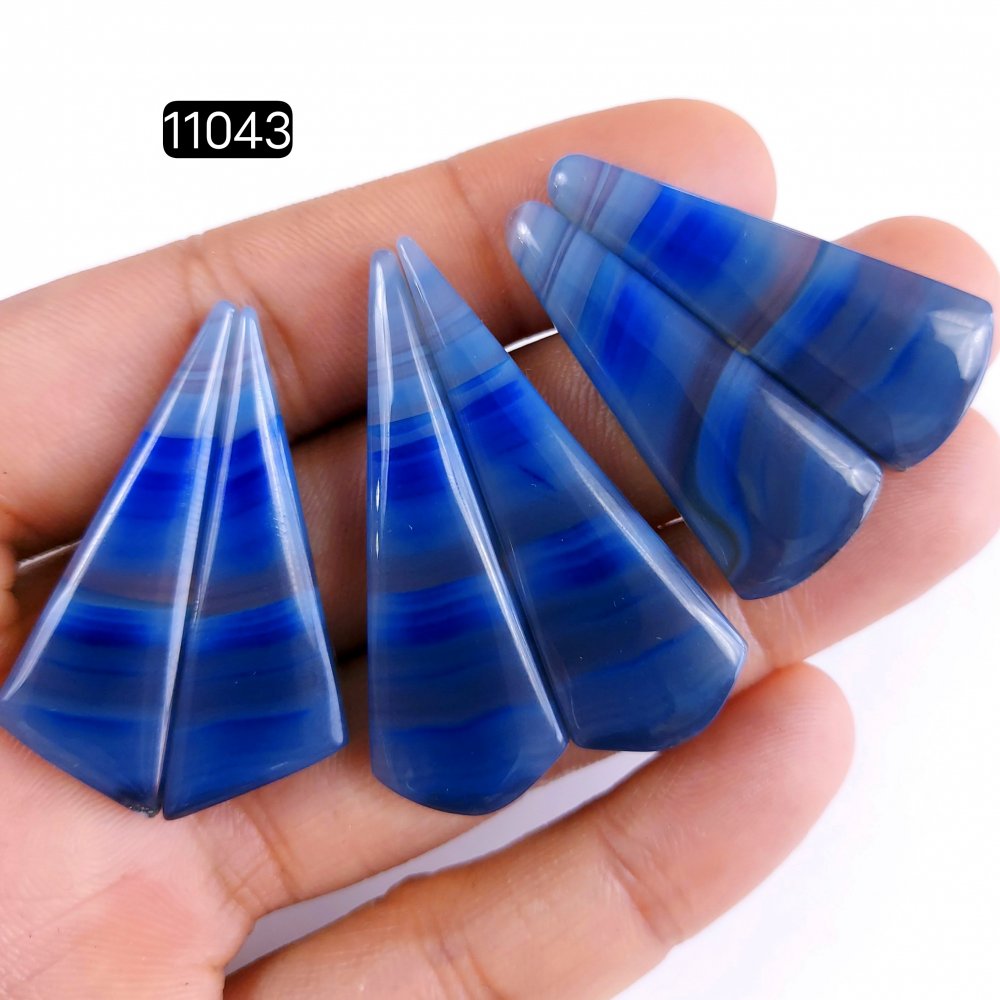 3Pairs 139Cts Natural Blue Agate Artisan Handmade Earrings Blue Banded Agate Dangle Silver Bohemian Earrings Matching Pairs Loose Gemstone Crystal Jewelry 47x15-38x15mm #11043