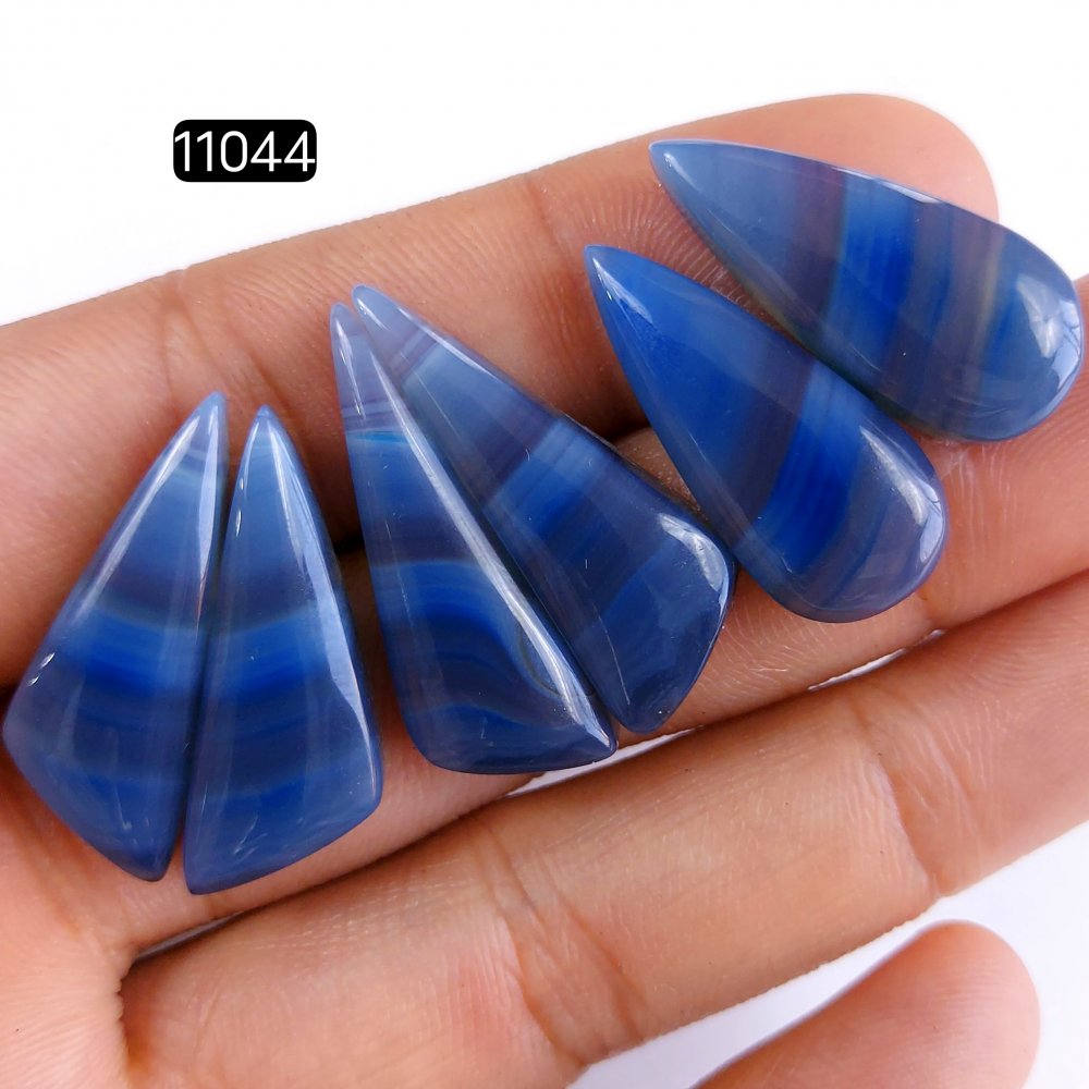 3Pairs 80Cts Natural Blue Agate Artisan Handmade Earrings Blue Banded Agate Dangle Silver Bohemian Earrings Matching Pairs Loose Gemstone Crystal Jewelry 30x10-27x12mm #11044