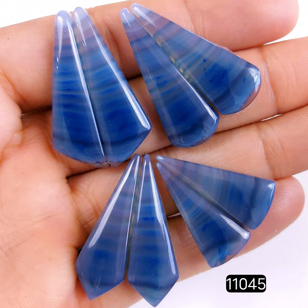 4Pairs 112Cts Natural Blue Agate Artisan Handmade Earrings Blue Banded Agate Dangle Silver Bohemian Earrings Matching Pairs Loose Gemstone Crystal Jewelry 35x12-28x12mm #11045