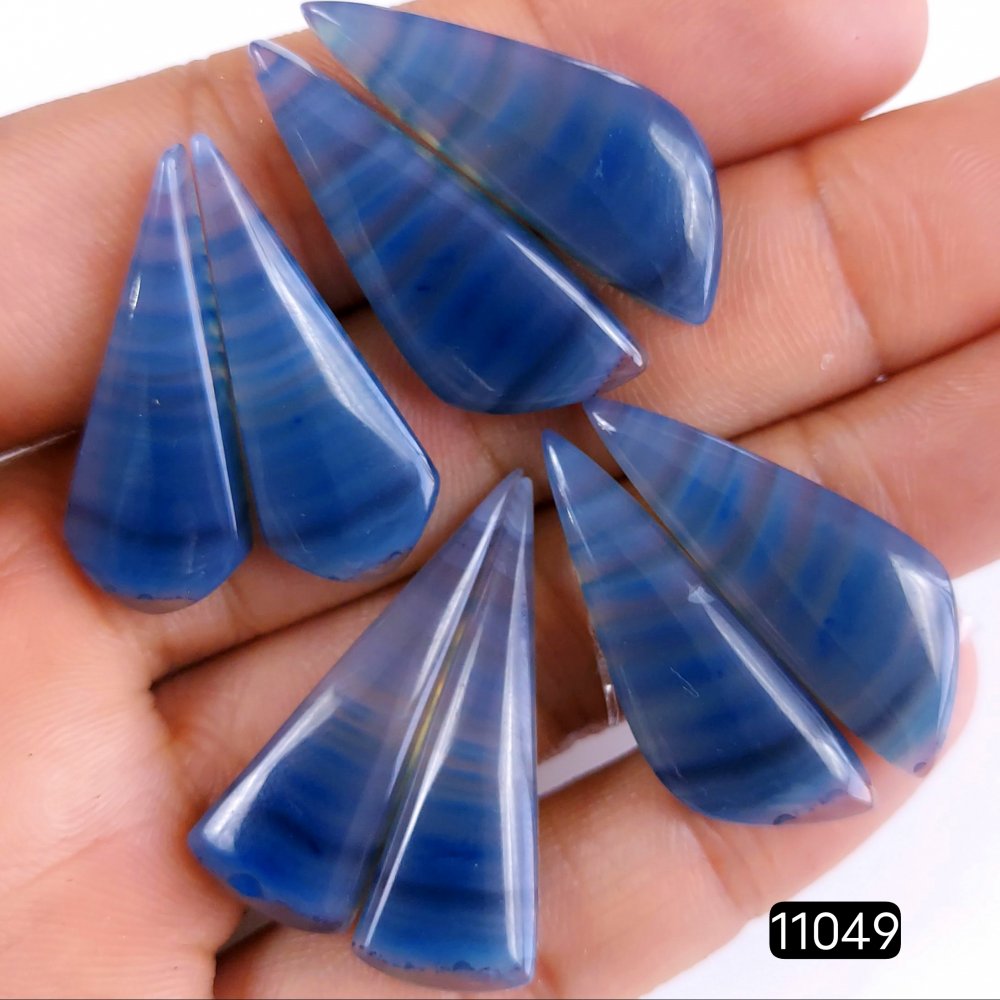 4Pairs 104Cts Natural Blue Agate Artisan Handmade Earrings Blue Banded Agate Dangle Silver Bohemian Earrings Matching Pairs Loose Gemstone Crystal Jewelry 35X10-30X10mm #11049