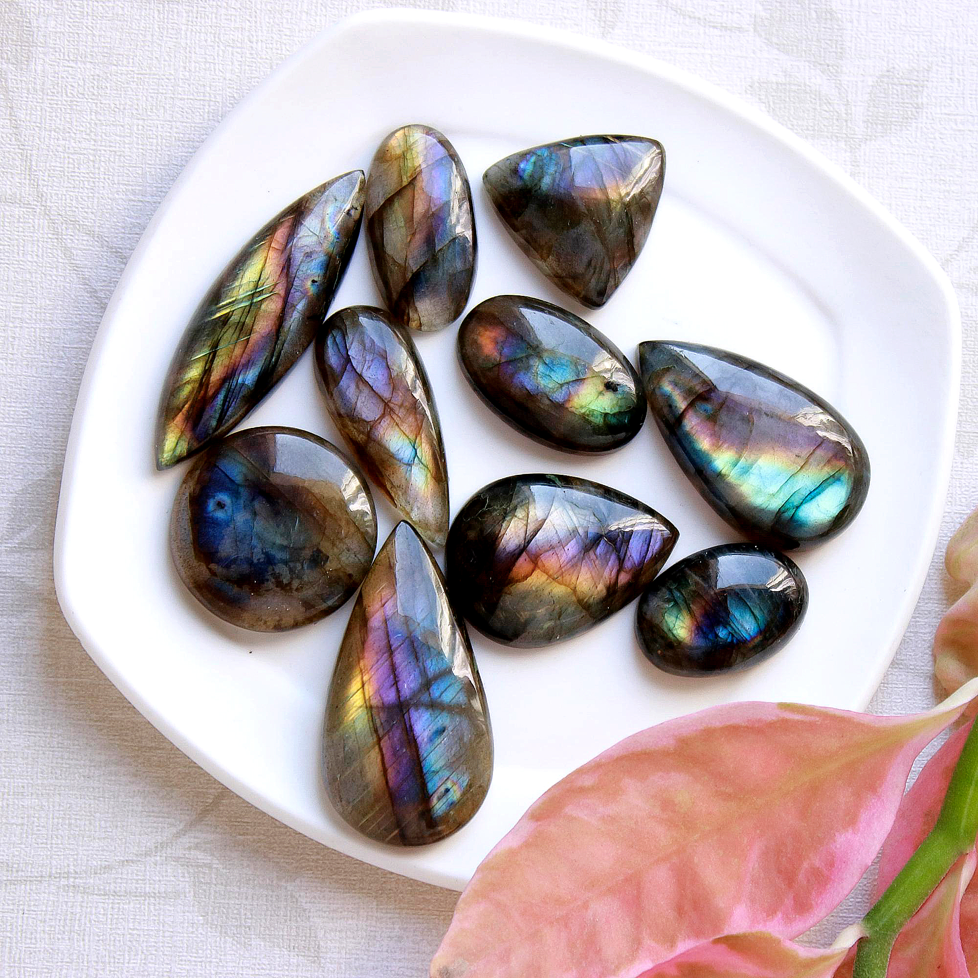 10 Pcs191Cts Natural Multifire Labradorite Loose Cabochon Gemstone Lot Both Side Polished For Jewelry Making 40x13 20x21mm#1105