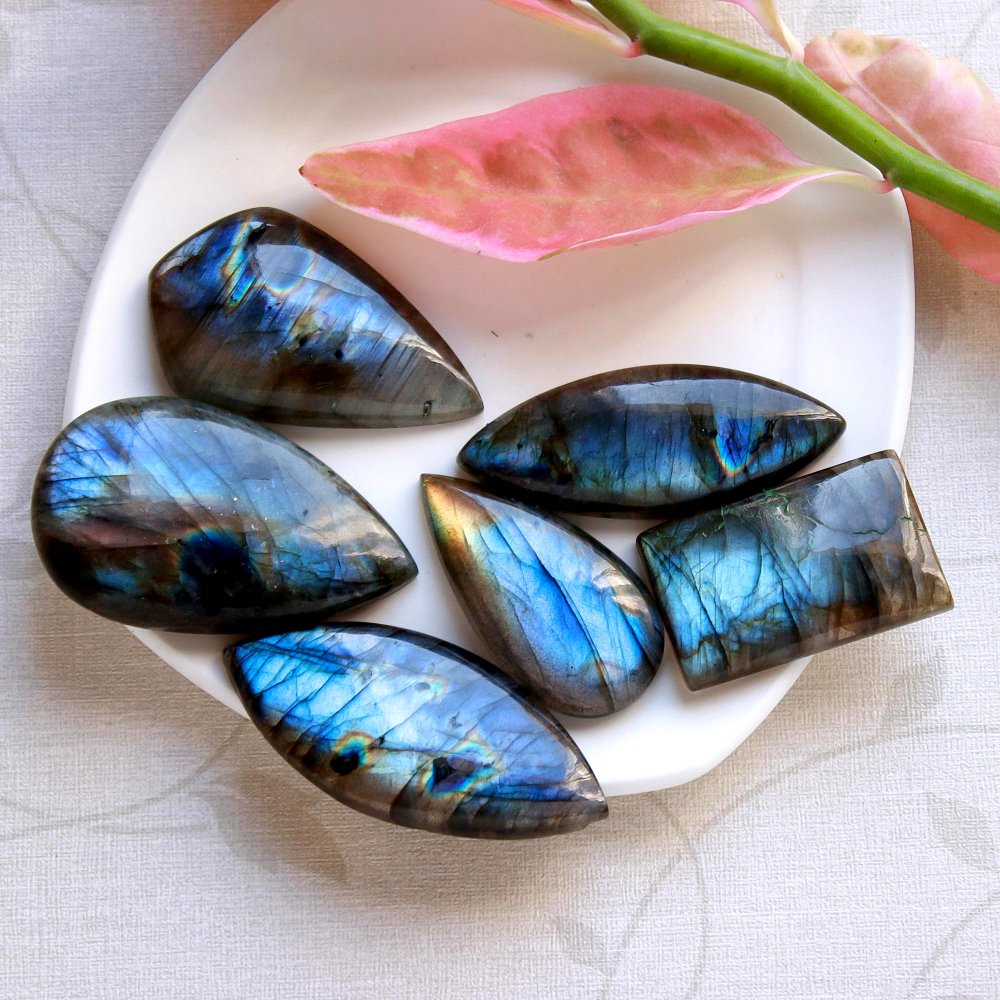 6 Pcs268Cts Natural Multifire Labradorite Loose Cabochon Gemstone Lot Both Side Polished For Jewelry Making 47x22 31x20mm#1106