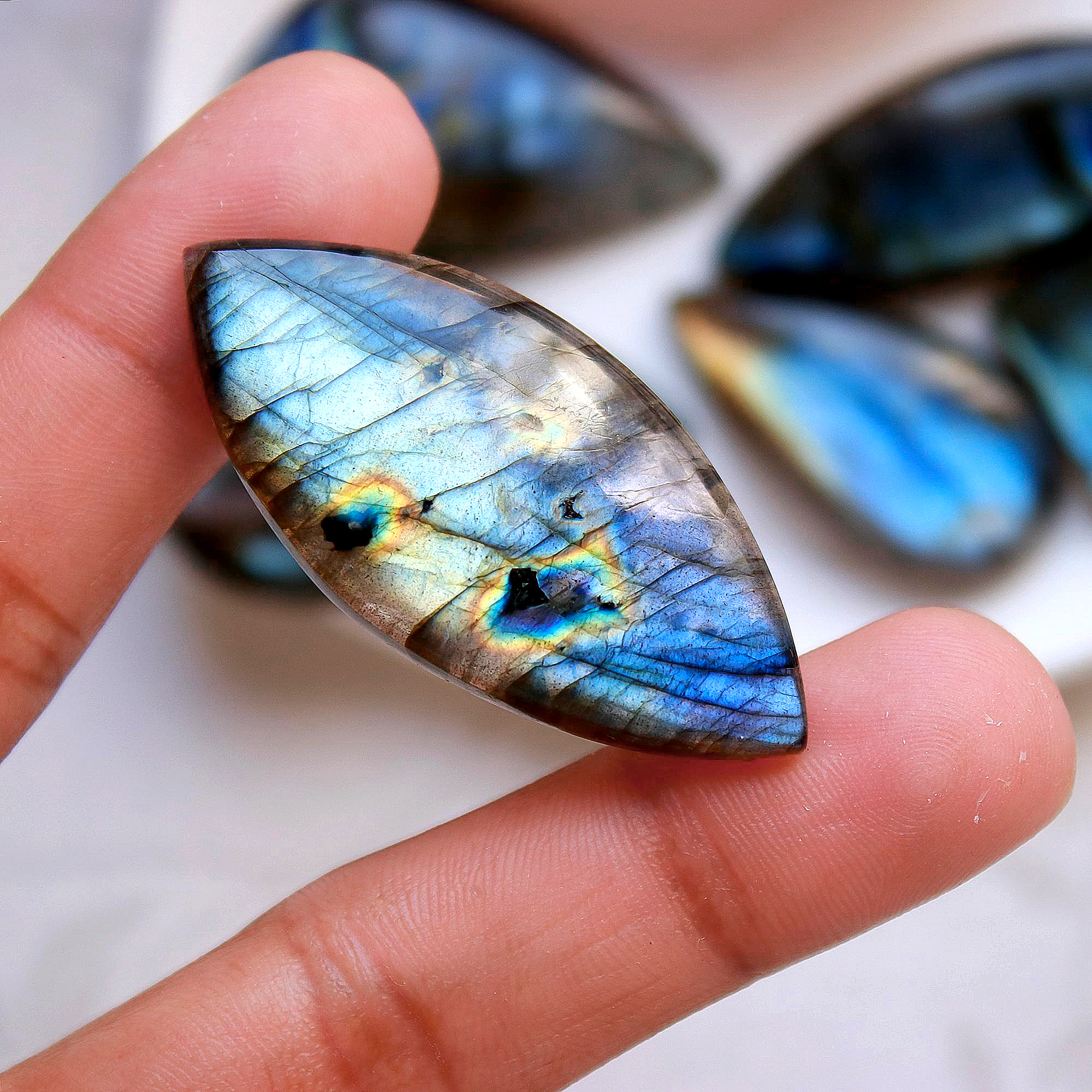6 Pcs268Cts Natural Multifire Labradorite Loose Cabochon Gemstone Lot Both Side Polished For Jewelry Making 47x22 31x20mm#1106