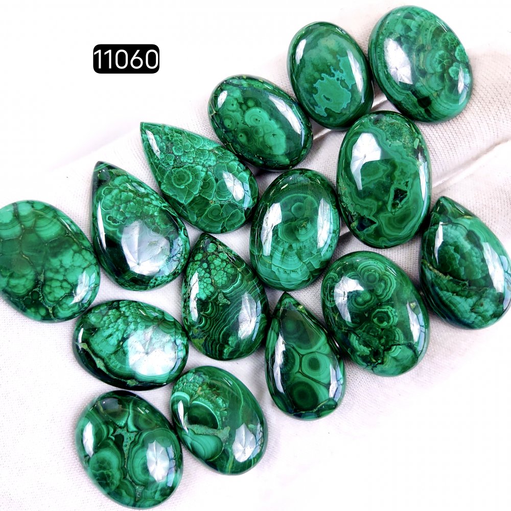 15Pcs 474Cts Natural Malachite Cabochon Loose Gemstone Green Malachite Jewelry Wire Wrapped Pendant Back Unpolished Semi-Precious Healing Crystal Lots 30x18-22x15mm #11060