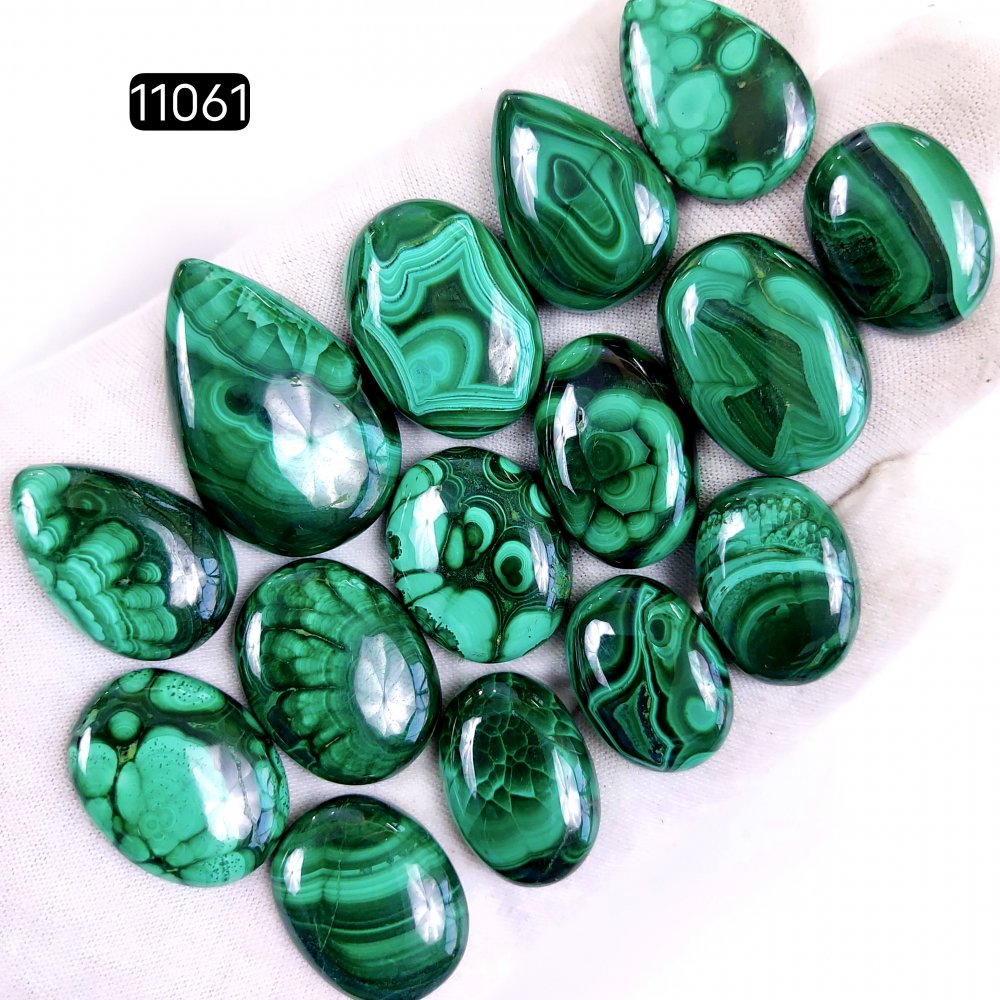 15Pcs 446Cts Natural Malachite Cabochon Loose Gemstone Green Malachite Jewelry Wire Wrapped Pendant Back Unpolished Semi-Precious Healing Crystal Lots 34x22-24x16mm #11061