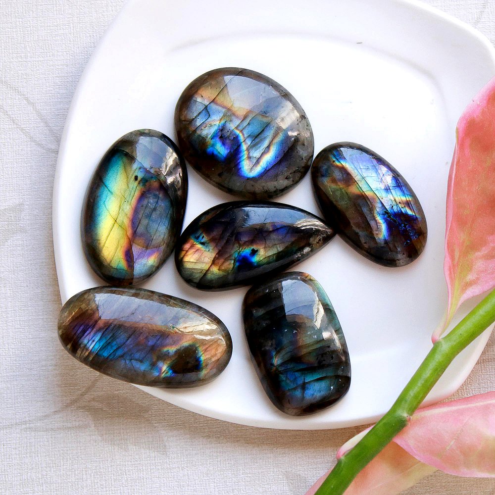 6 Pcs 199Cts Natural Multifire Labradorite Loose Cabochon Gemstone Lot Both Side Polished For Jewelry Making 35x19 29x18mm#1107