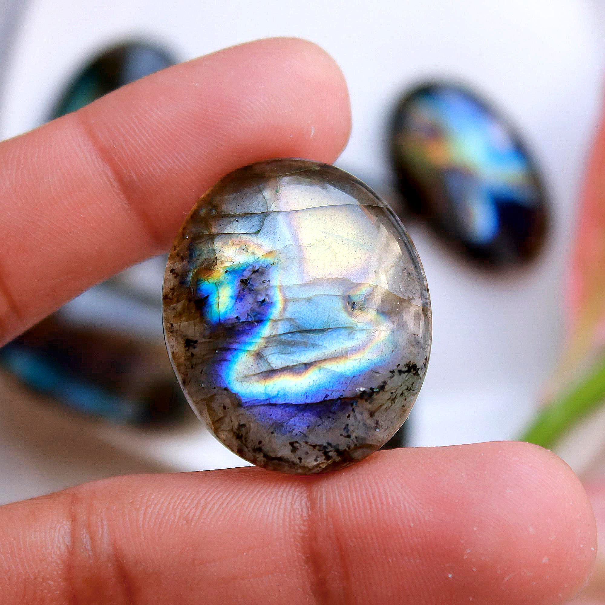 6 Pcs 199Cts Natural Multifire Labradorite Loose Cabochon Gemstone Lot Both Side Polished For Jewelry Making 35x19 29x18mm#1107