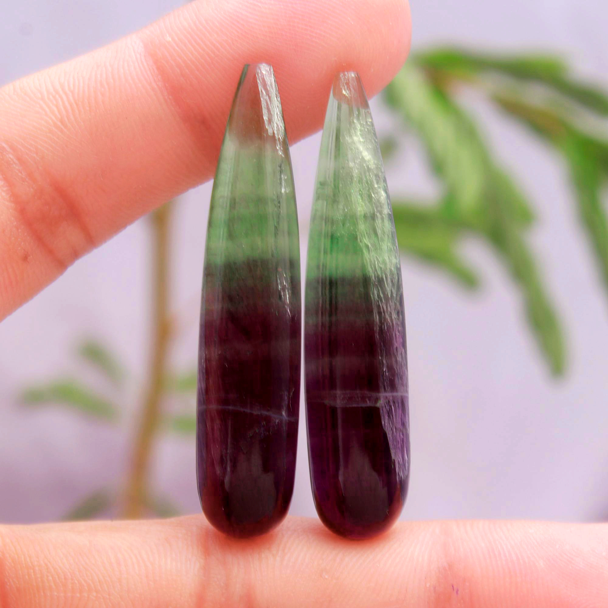 1Pair 80Cts Natural Flourite Loose Cabochon Gemstone Pair Lot Both Side Polished For Jewelry Making 45X10mm #1127