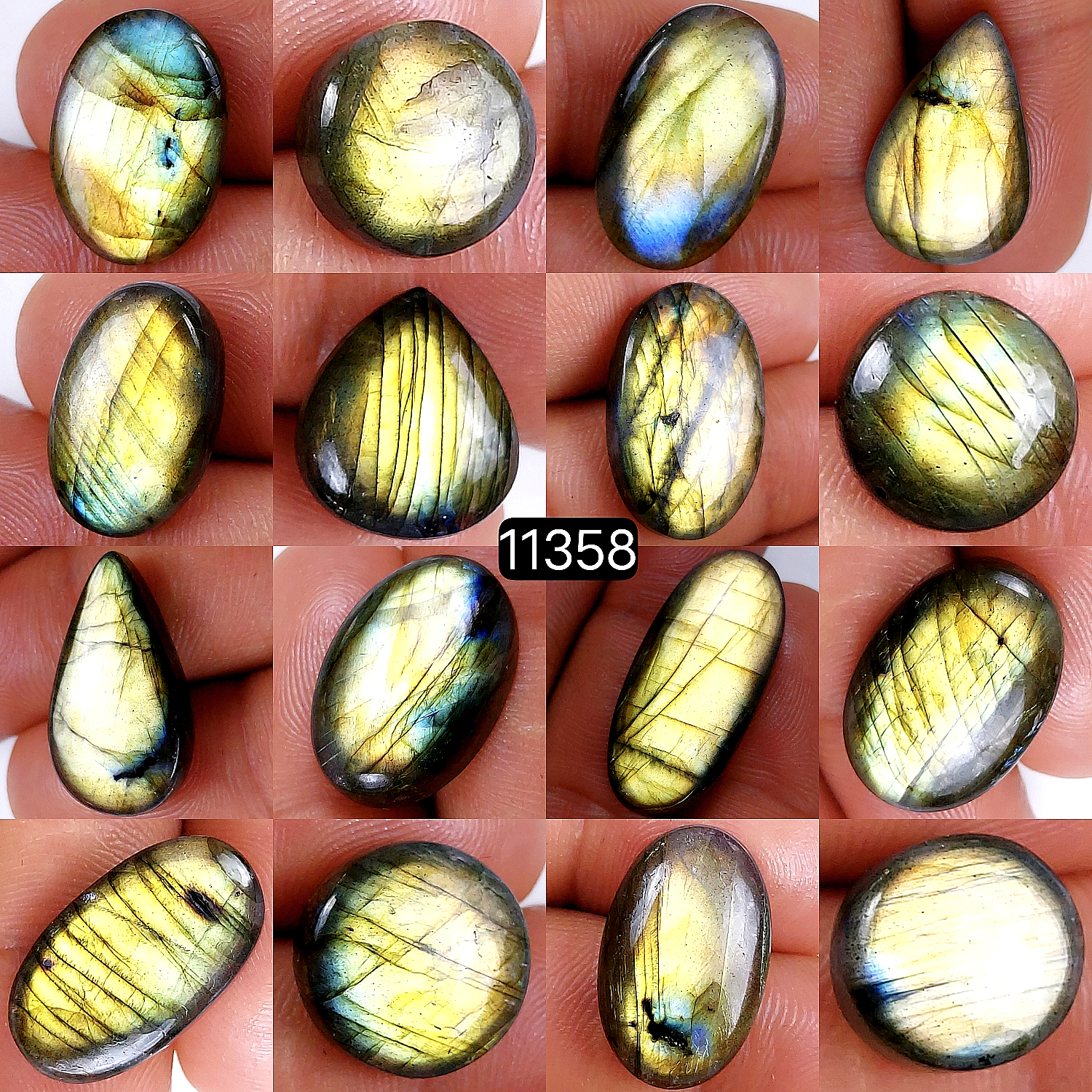 16Pcs 218Cts Natural Labradorite Cabochon Lot Polished Loose Gemstone Flat Back Labradorite Jewelry Making Crystal Handmade Silver Pendant Mix Shapes 32x15-12x12mm 11358