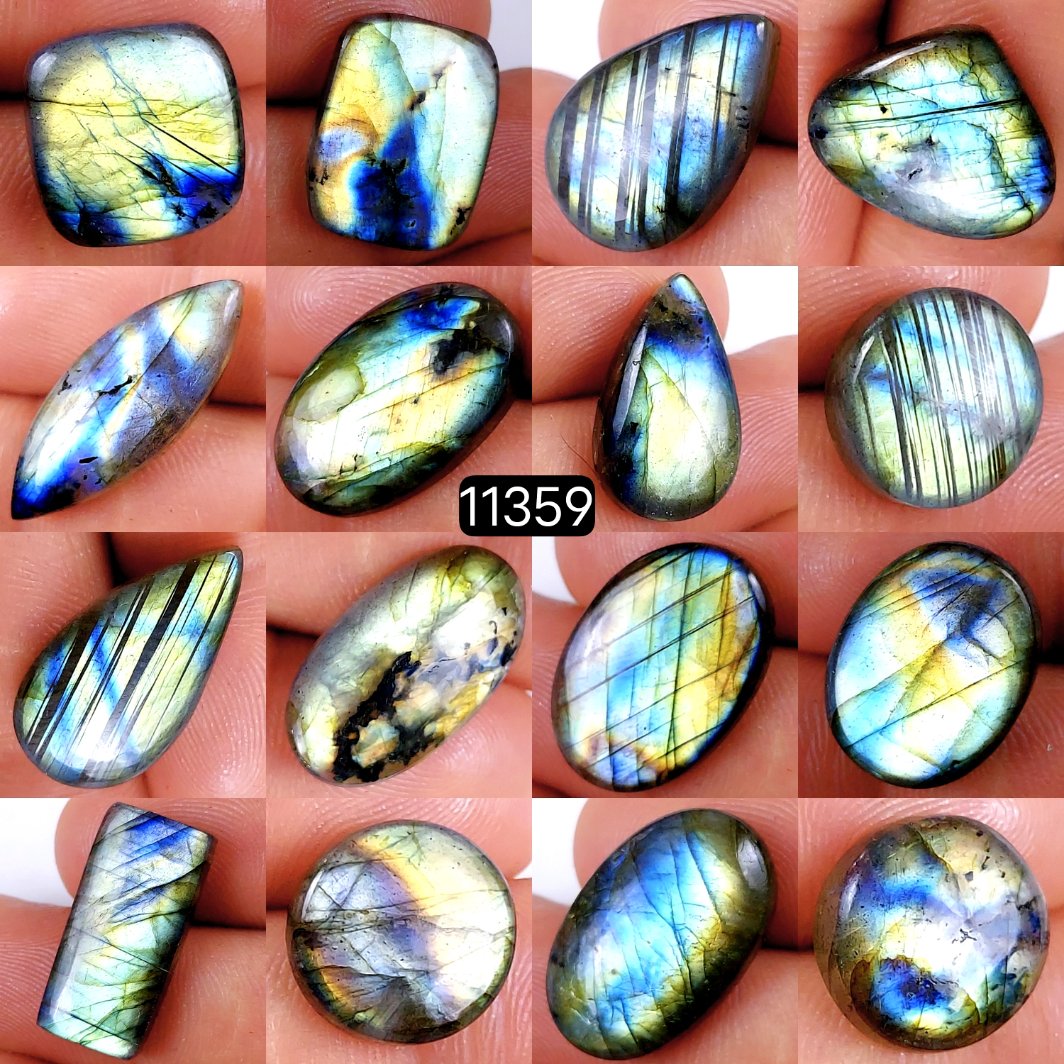 16Pcs 197Cts Natural Labradorite Cabochon Lot Polished Loose Gemstone Flat Back Labradorite Jewelry Making Crystal Handmade Silver Pendant Mix Shapes 27x10-14x14mm R-11359